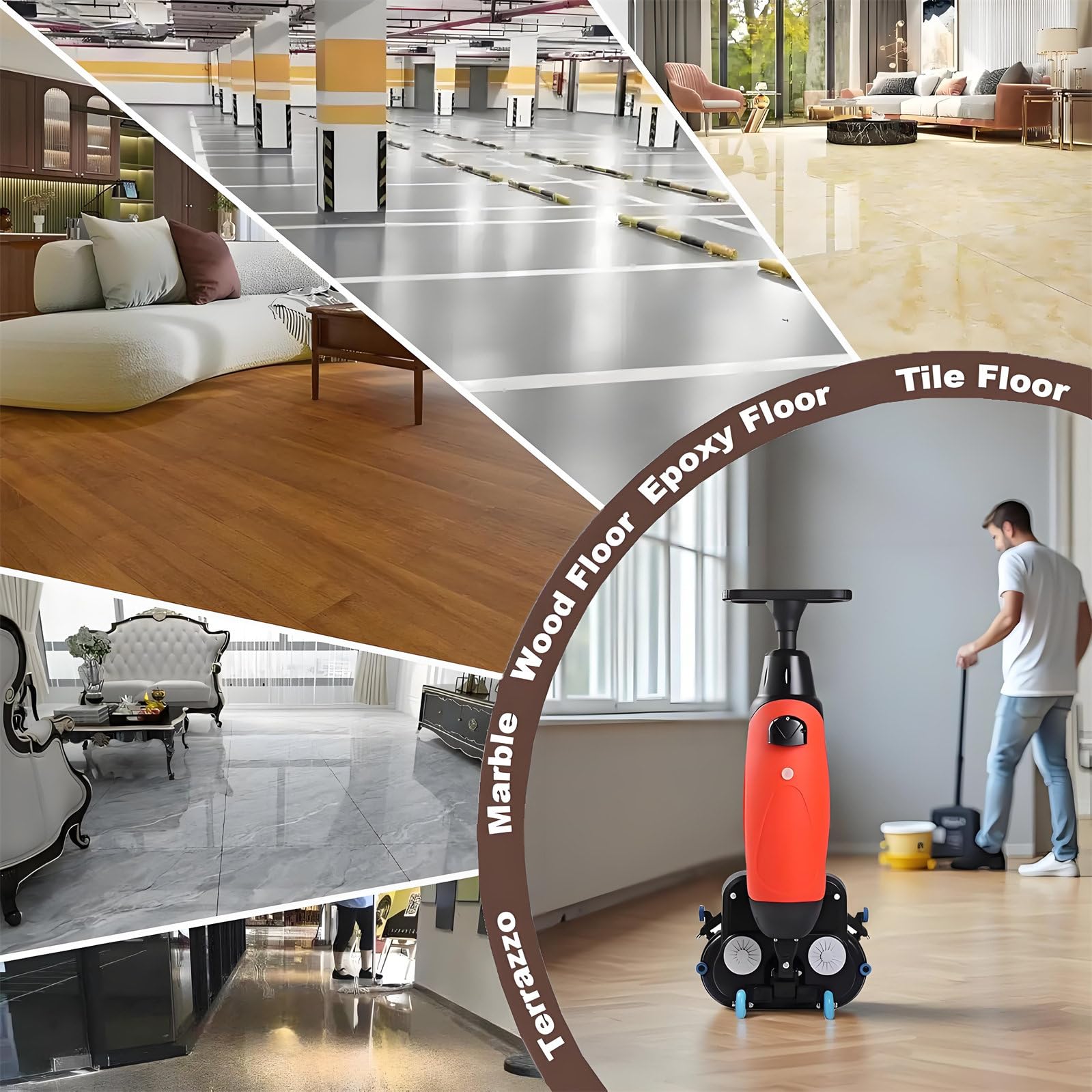 Fregadora Y Abrillantadora De Pisos Comerciales, Ancho De Limpieza 43Cm, Diseño Inalámbrico, Cepillos Dobles Y Cabezal Giratorio De 360° Para Pisos De Madera. Azulejos, Mármol Y Pisos De Cemento Red