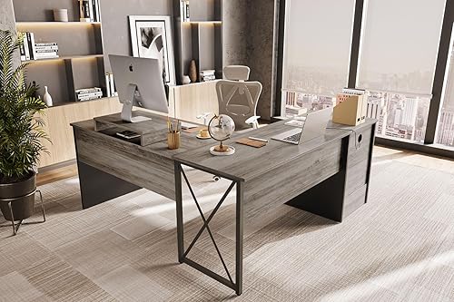 Miniatura 6 de Bestier Escritorio elevado en forma de L con cajón de archivos, escritorio de oficina de 55 x 55 pulgadas con cajones de almacenamiento reversibles,