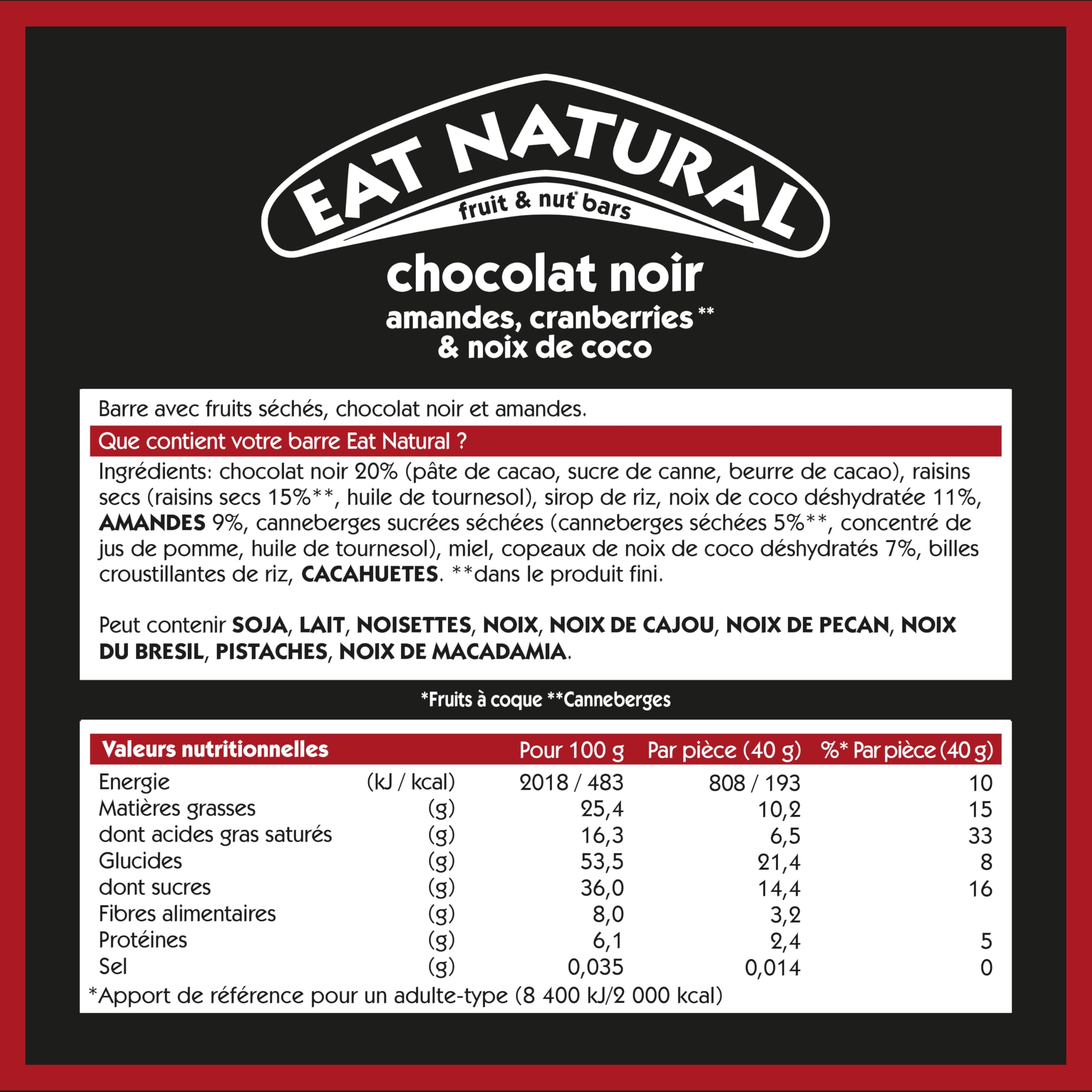EAT NATURAL - Barres sans gluten - Cranberries, amandes, noix de coco et chocolat noir - 12 barres de 40g