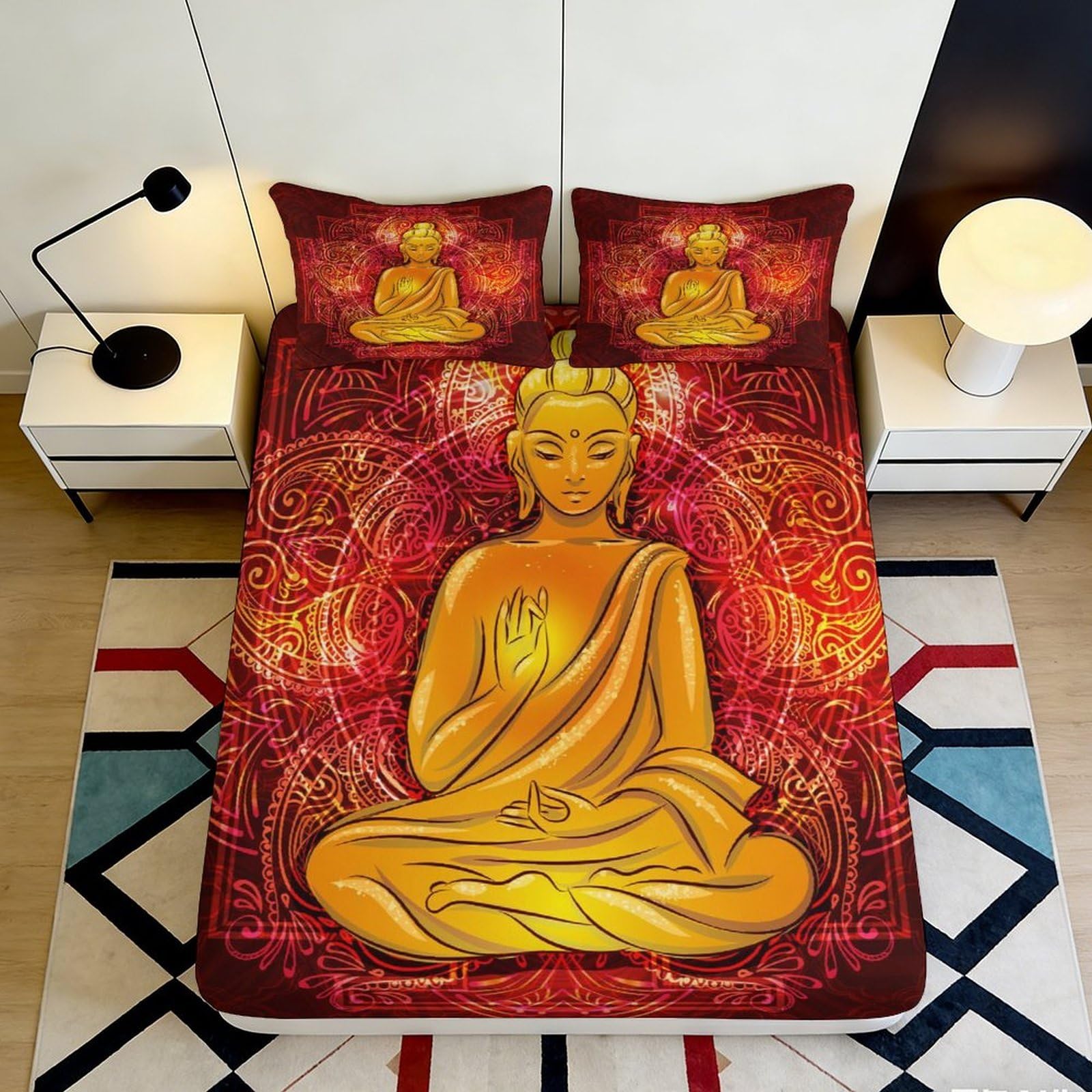 3D Printed Golden Buddha Fitted Sheet Microfiber Anti-Slip Artistic Red Lotus Bed Cover for Bedroom Guest Room Mattress Protection 90x200x25cm