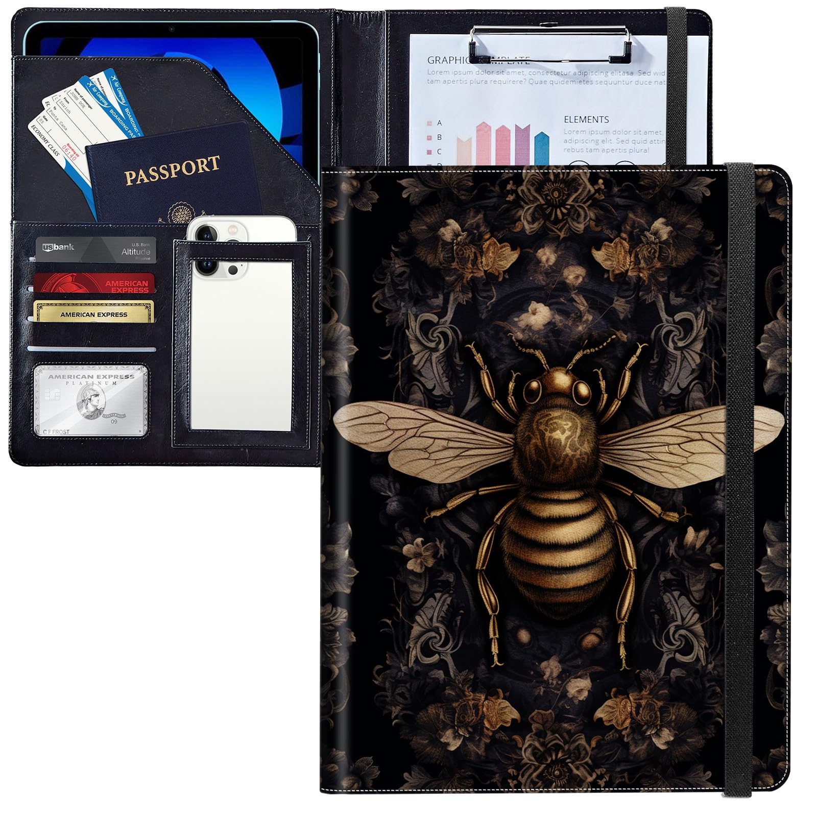 JANENFNA Bee Padfolio Portfolio Leather Binder, Resume Portfolio Folder with Elastic Band, Conference/Legal Document Organizer with A4 Size Clipboard, 4 Card Holder
