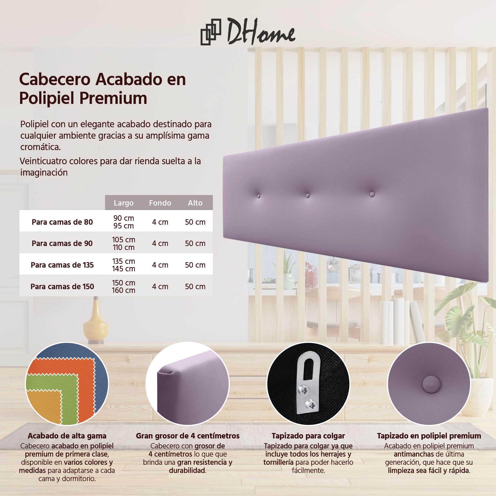 DHOME Cabecero de Polipiel o Tela Acualine Liso con Botones Tapizado de Alta Gama Cabezal Lujo Cama Dormitorio Moderno Acolchado (Polipiel Lila, 135x50cm (Camas 120/135/140))