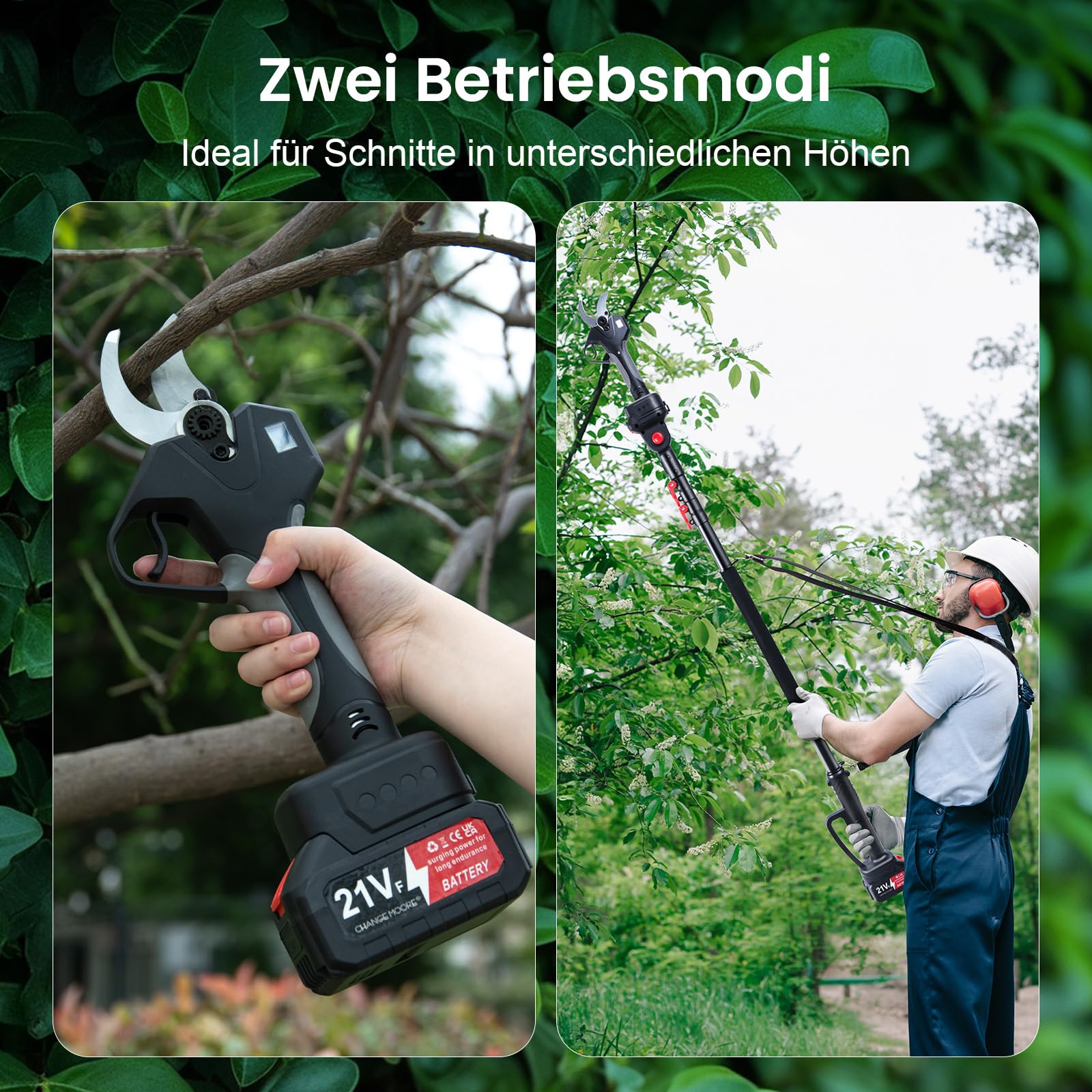 CHANGEMOORE Akku Astschere 40mm mit 275cm Verlängerungsstange, 2x4000mAh | Profi Bürstenloser Motor mit LCD Display, kompatibel mit Gartenwerkzeugen. Ideal für Äste & Büsche, Garten & Obstbaumpflege