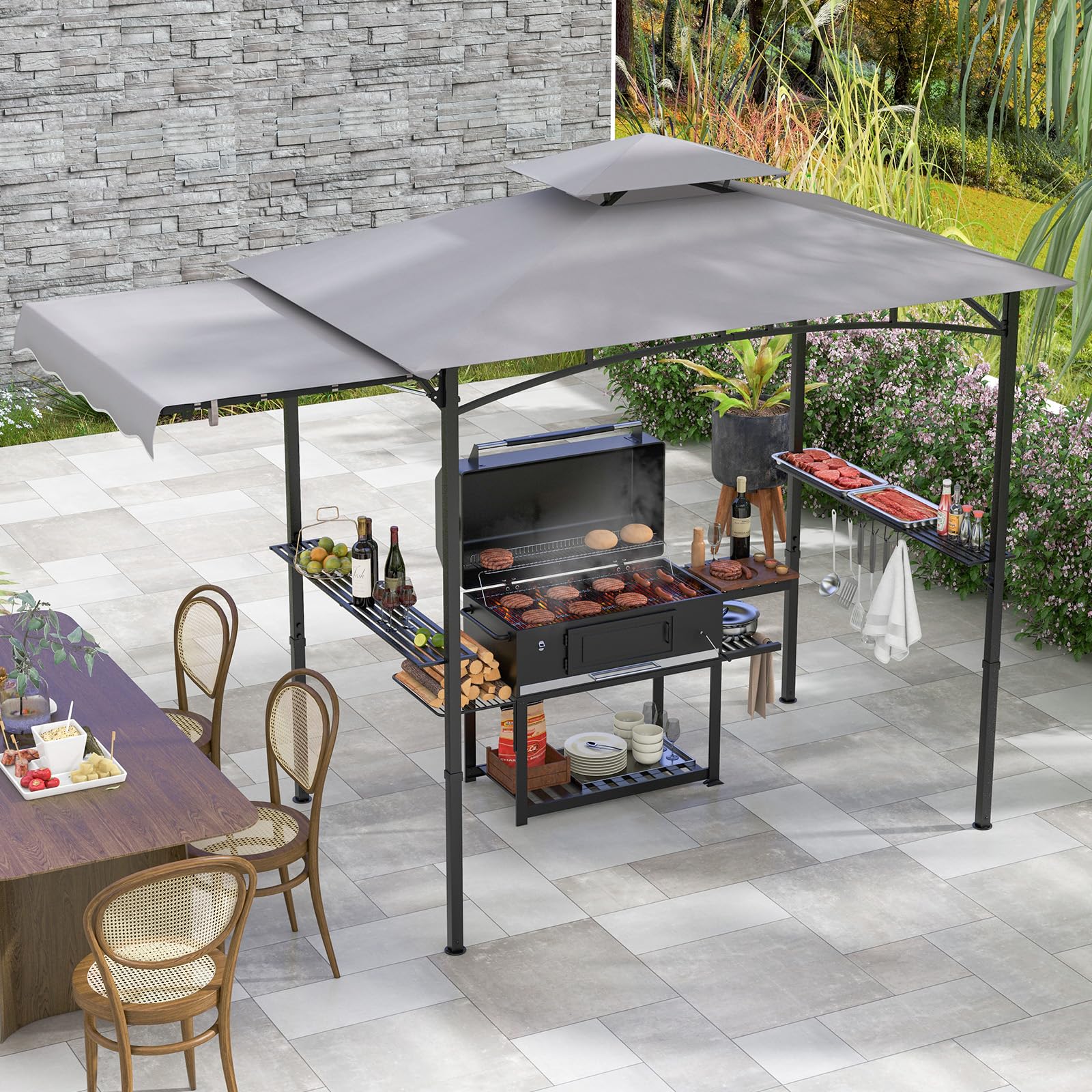 COSTWAY Cenador de Barbacoa 318 X 153 Cm, Techo Lateral, Carpa Barbacoa 2 Estantes Laterales y Parte Superior de 2 Niveles, Estructura Metal, Pergolas de Jardin Exterior (Gris)