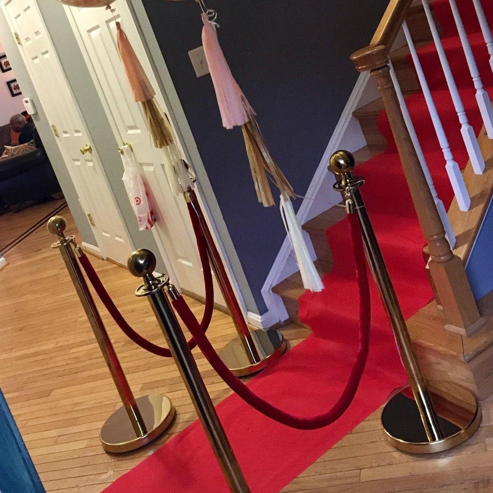 Queue Barrier Rope 2 Ft 3 4 6 8 9 10 Feet, Red Velvet Stanchion Rope/Entrance Crowd Control Ropes w/Gold & Silver Hooks, Red Carpet Rope Party Decor(Silver Hook,43.3in/1.1m)