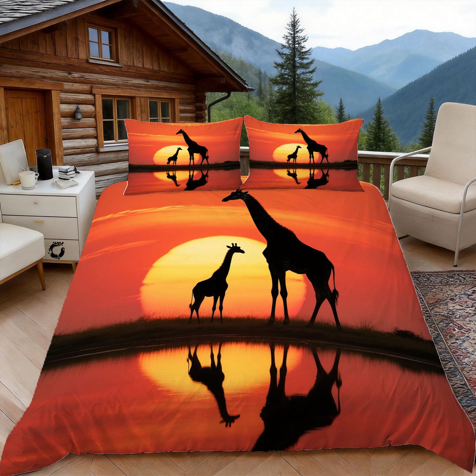 3D Double Duvet Set 3D Printed Giraffe Print Bedding, Savanna Animals Soft Microfibre Duvet Cover Sets Quilt Cover and Pillow Set with Zipper 3 Pcs