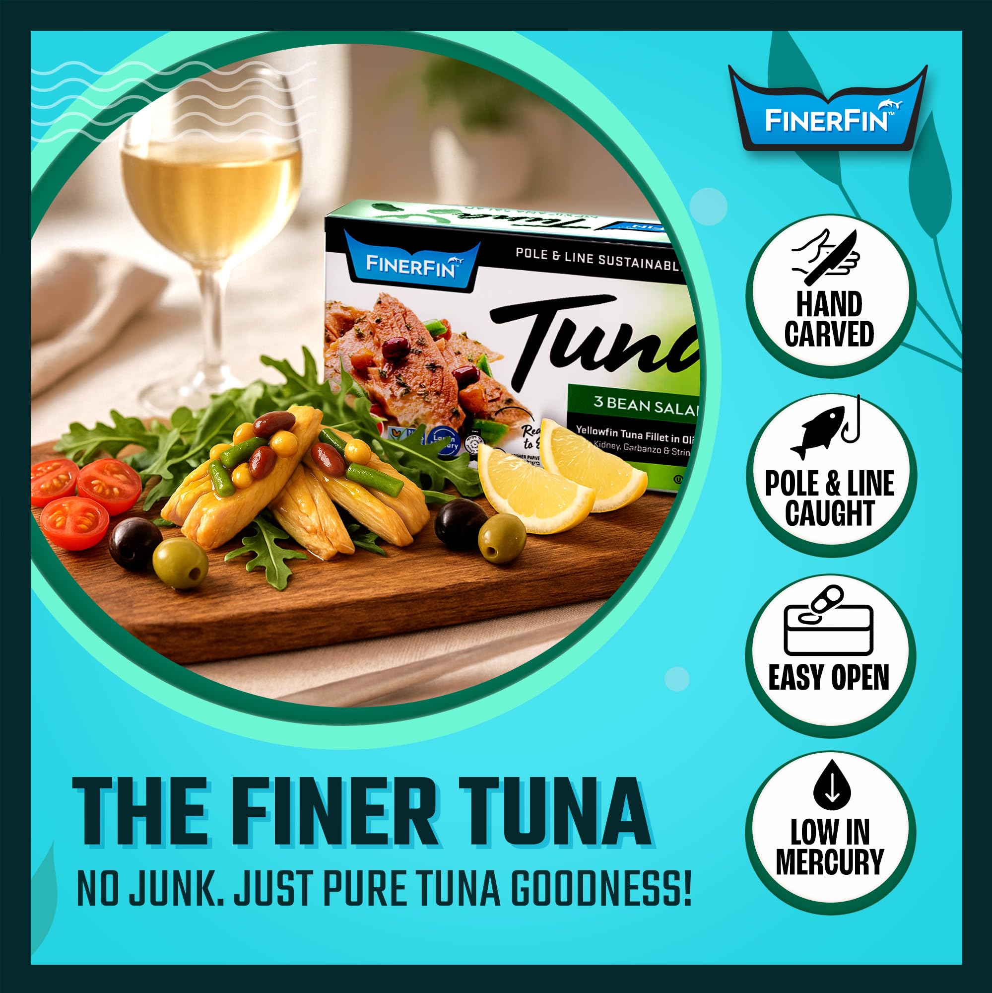 FinerFin Yellowfin Tuna Fillets In Organic Olive Oil – 3 Bean Salad Flavor (4.4oz can - 2 Pack); Premium Canned Fish with EVOO, Gourmet Ready-to-Eat Fillets, Pole & Line Caught