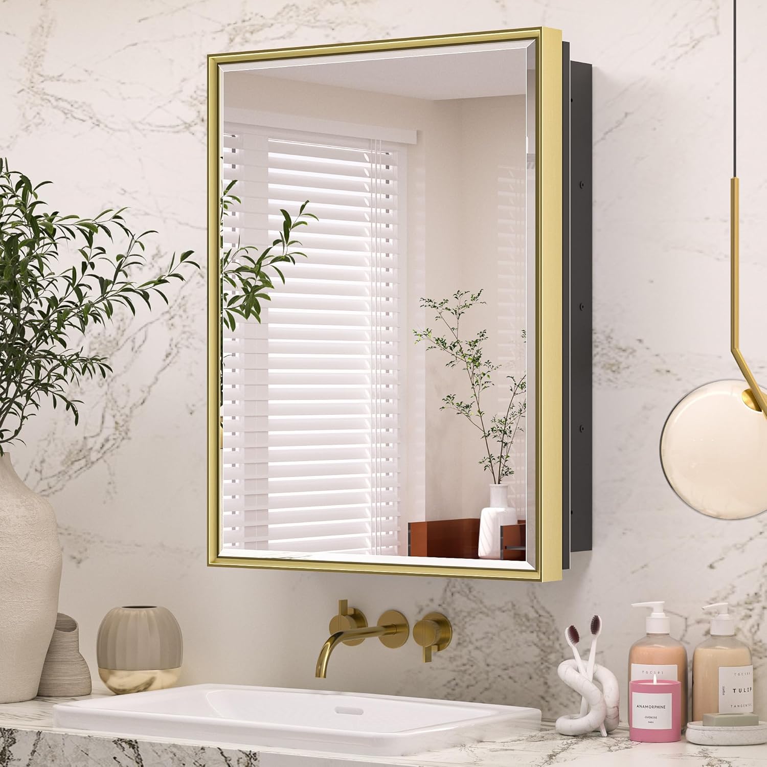 Keonjinn 21" x 27" Gold Medicine Cabinets for Bathroom with Mirror, Recessed or Surface Wall-Mounted Aluminum Alloy Framed Beveled Mirror, Single Door Farmhouse Bathroom Mirror with Storage Cabinet Gold Mirror: 21x27 IN