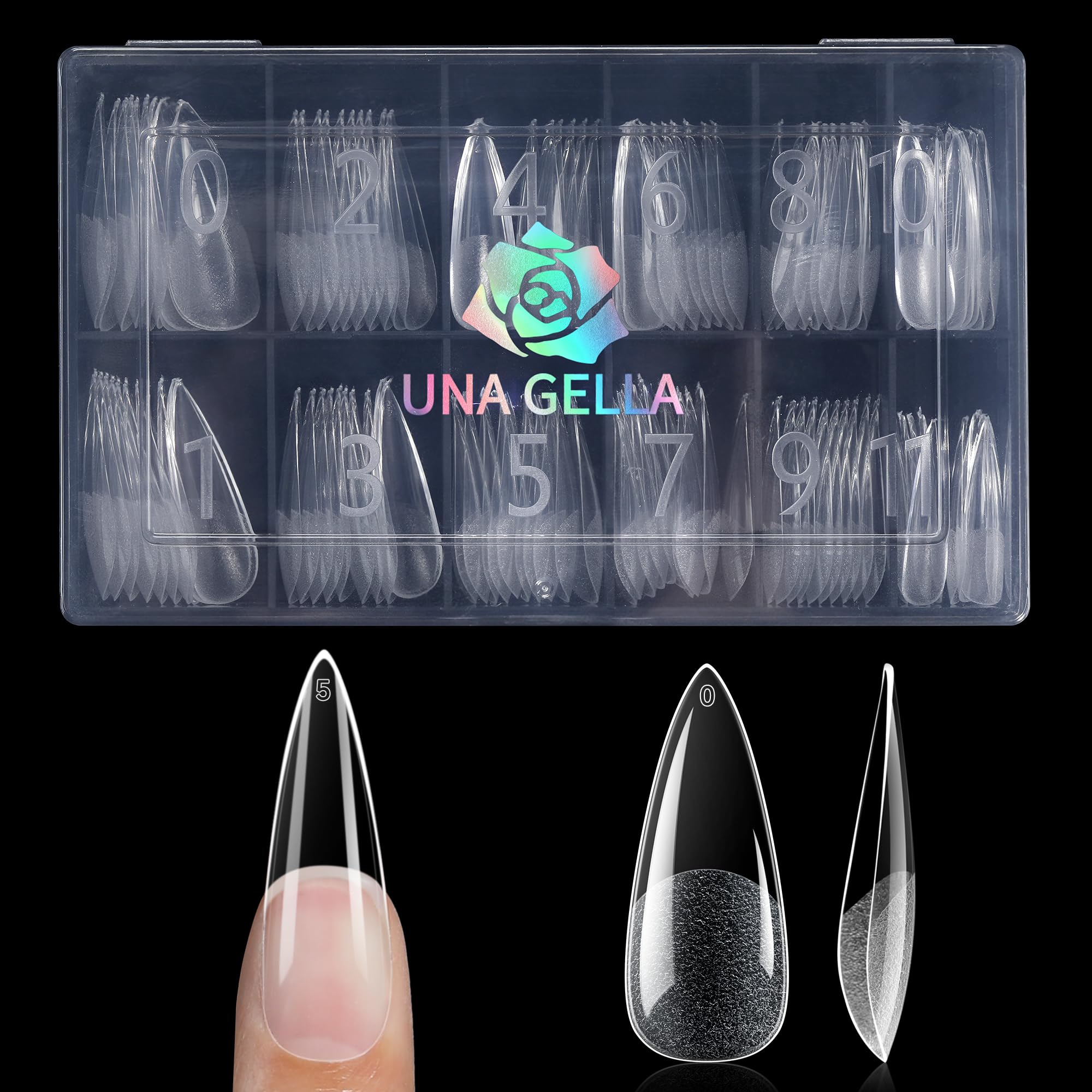 UNA GELLA Long Stiletto Tips für Gelnägel, 120 Stück 12 Größen Full Cover Soft Gel Nageltips, Vorgeätzte Almond Nail Tips, Klare Acryl-Fake-Nägel zum Aufdrücken für DIY & Salon