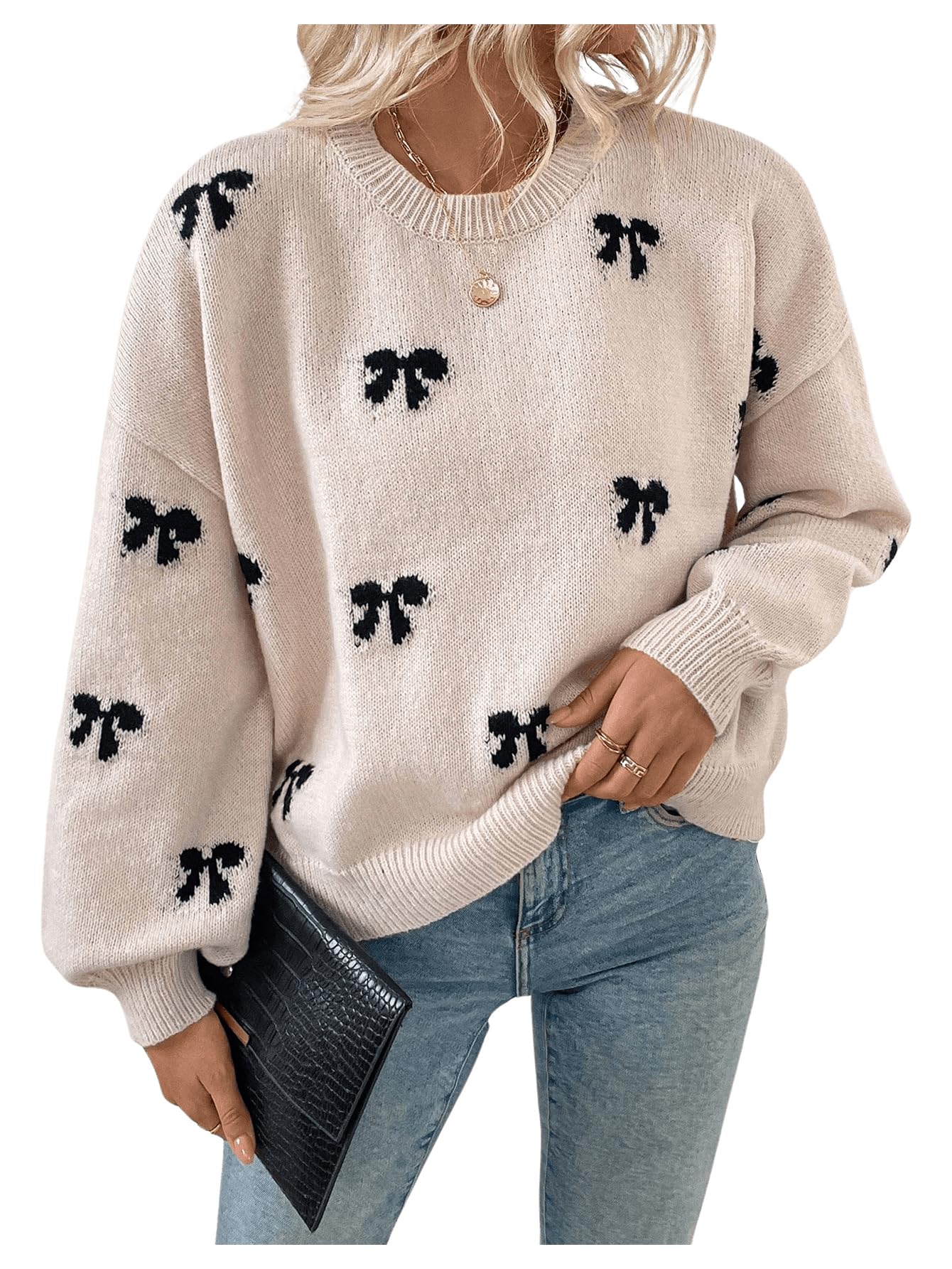 Women's Y2K Bow Sweater Cozy Fall Winter Sweaters Christmas Knit Crewneck Long Sleeve Drop Shoulder Pullovers