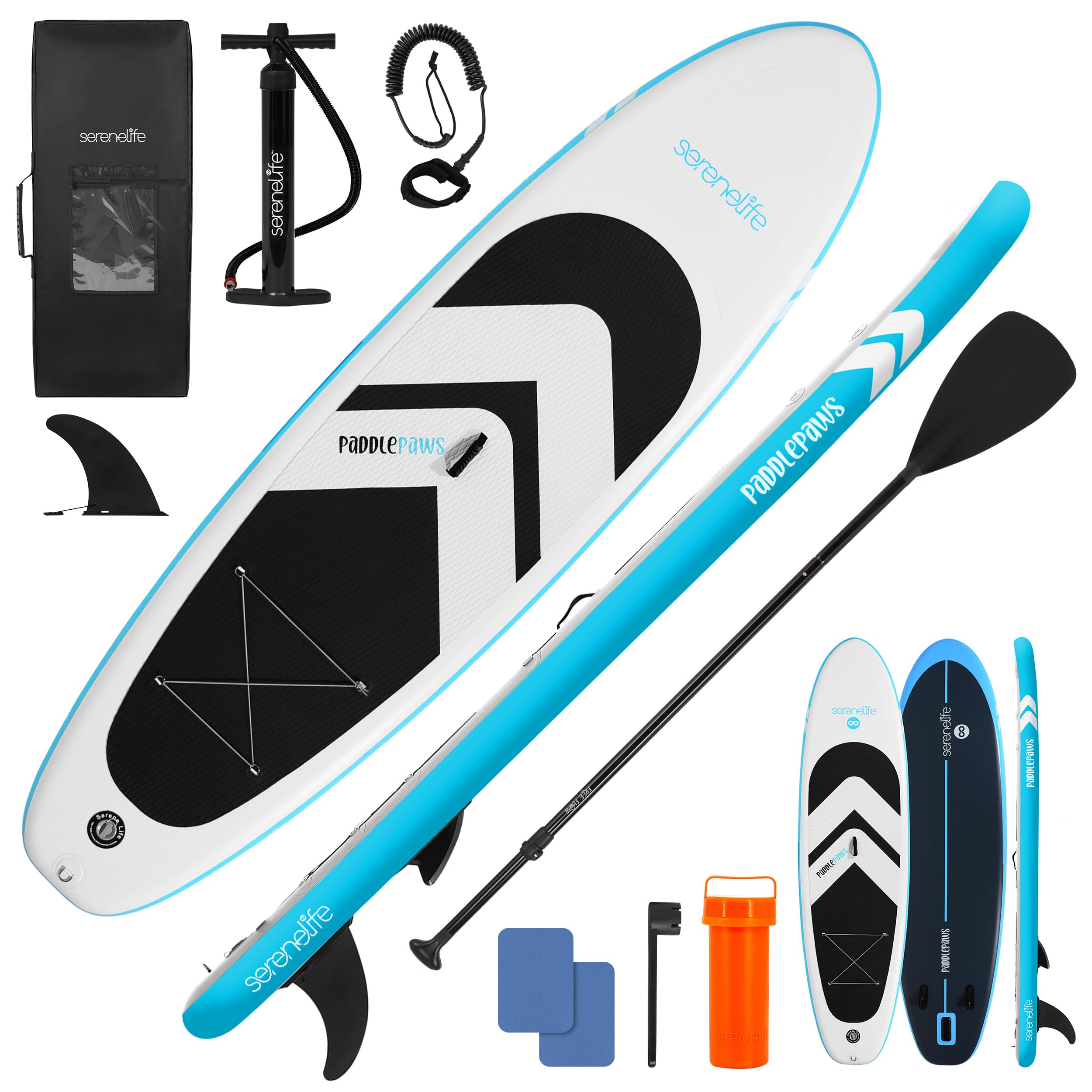 SereneLife SUP Board Aufblasbar Set – Stand Up Paddling Board mit Zubehör, rutschfestes EVA-Deck für See, Fluss, Touring und Freizeit