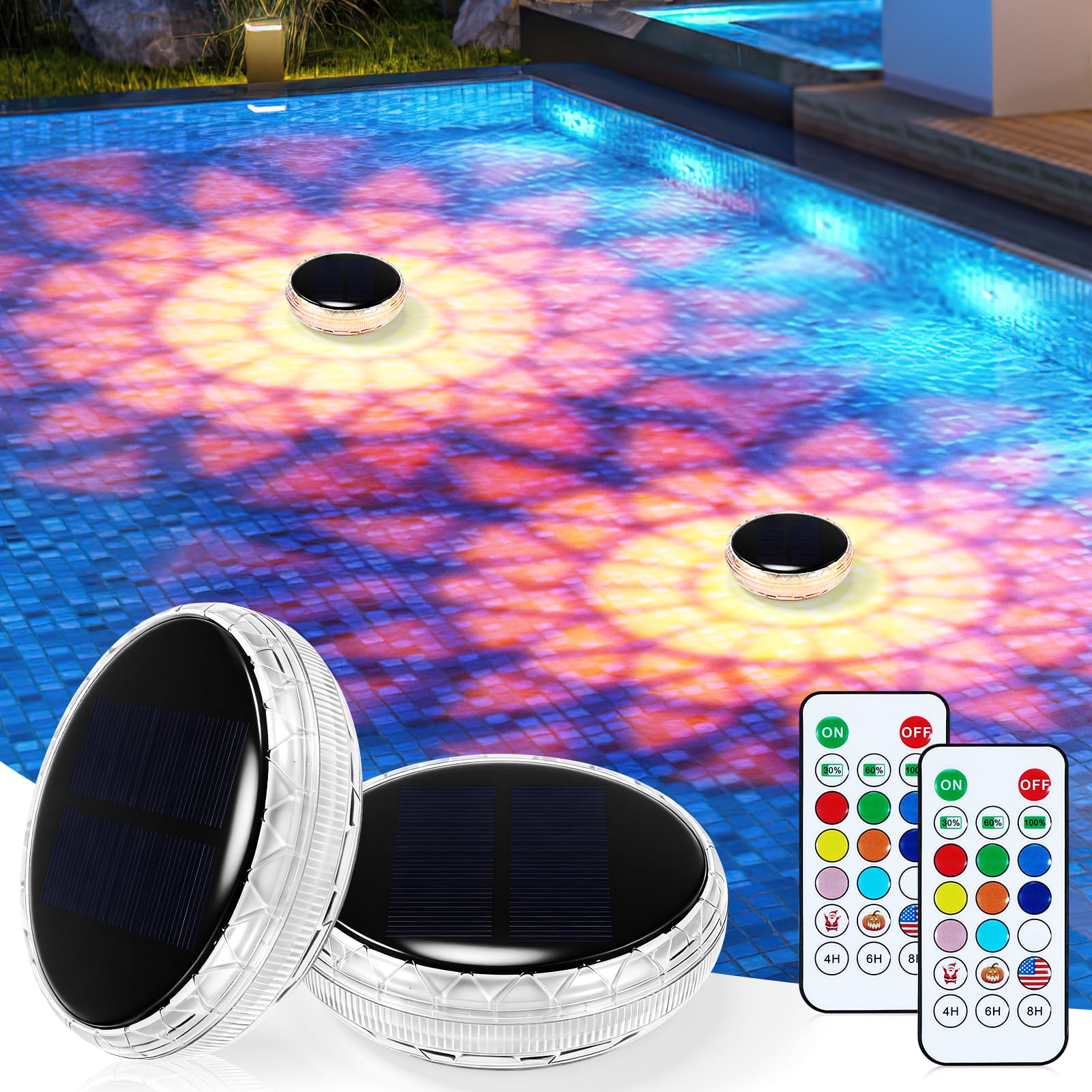 Solar Poolbeleuchtung Unterwasser, 2 Stück Schwimmende Poolbeleuchtung mit Fernbedienung, RGB 9 Farben & 3 Modi, Wasserdichte Teichbeleuchtung Solar Pool Licht für Pool, Teich, Whirlpool, Badewanne