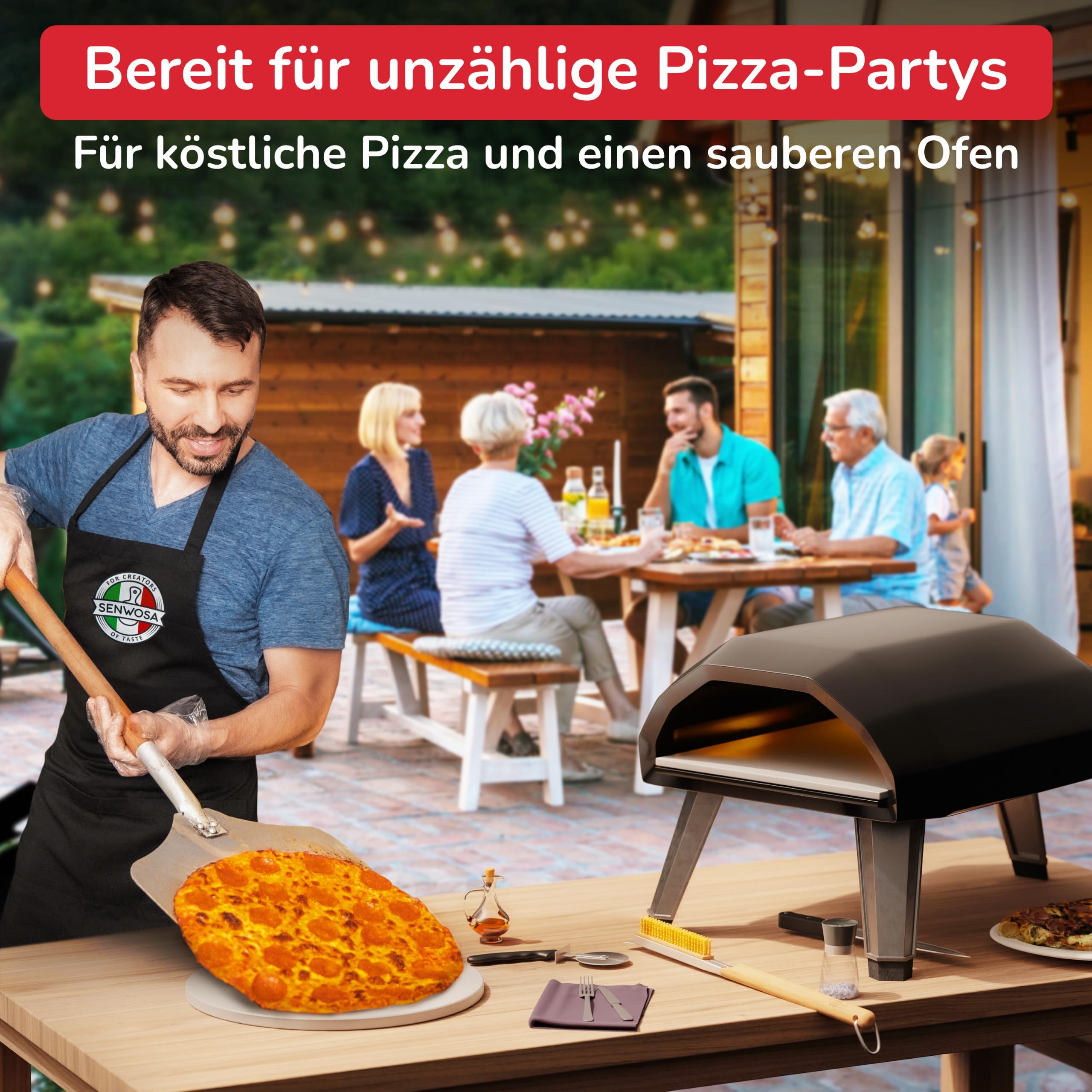 Senwosa Pizzaofen Zubehör Kit - Premium 6-teiliges Set für Zuhause Pizza Herstellung - Pizzaschieber, Backofen/Steinbürste, Pfannenwender/Bubble Popper, Cutter Rocker, Teigwalze, Teigschaber