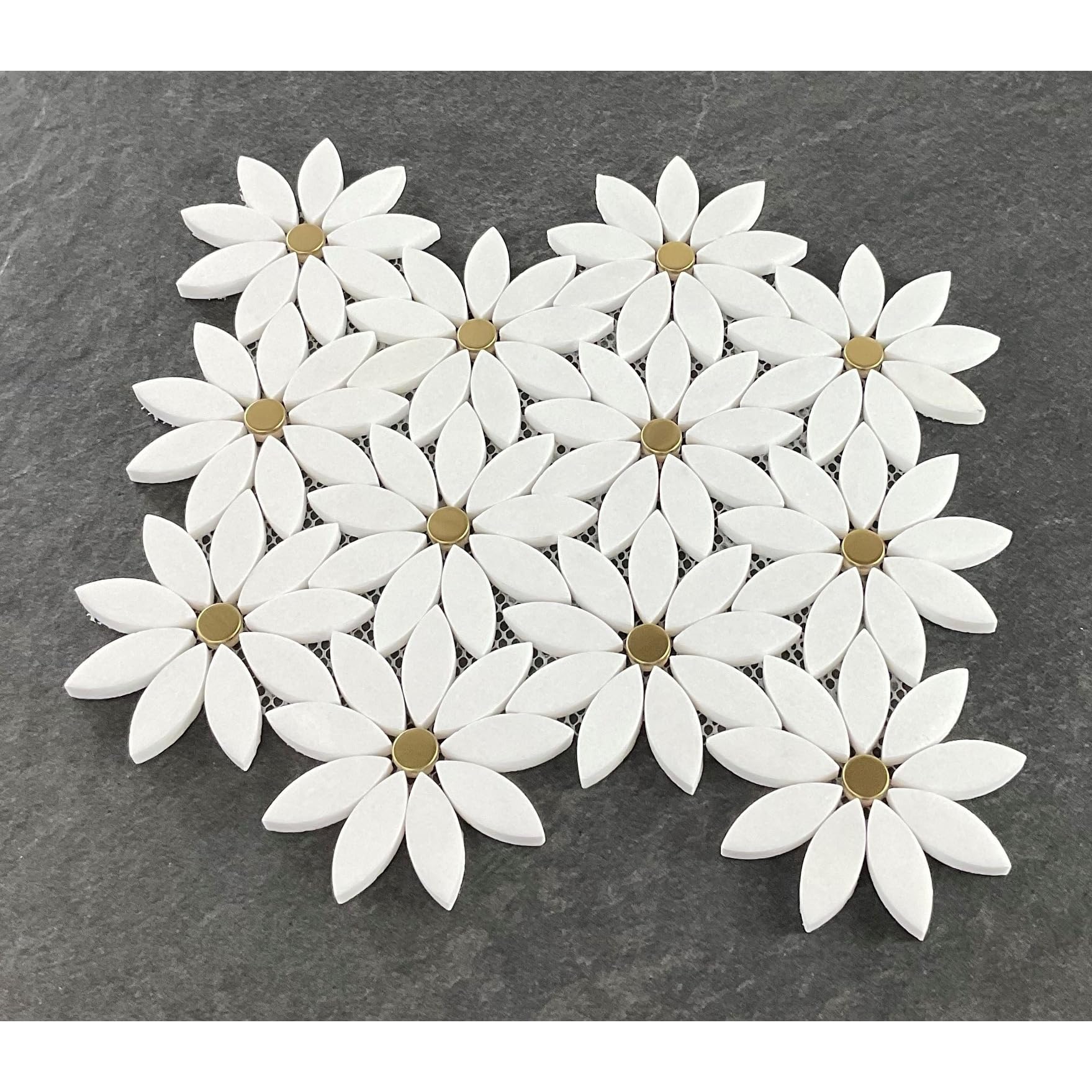 White Flower Pattern Marble Mosaic Tiles Case (10 Sheets) Gold
