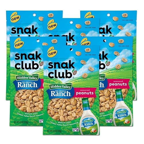Snak Club Cacahuetes tostados con condimento Hidden Valley Ranch, aperitivos salados de maní, certificado sin gluten, bolsa resellable de 4.5 onzas