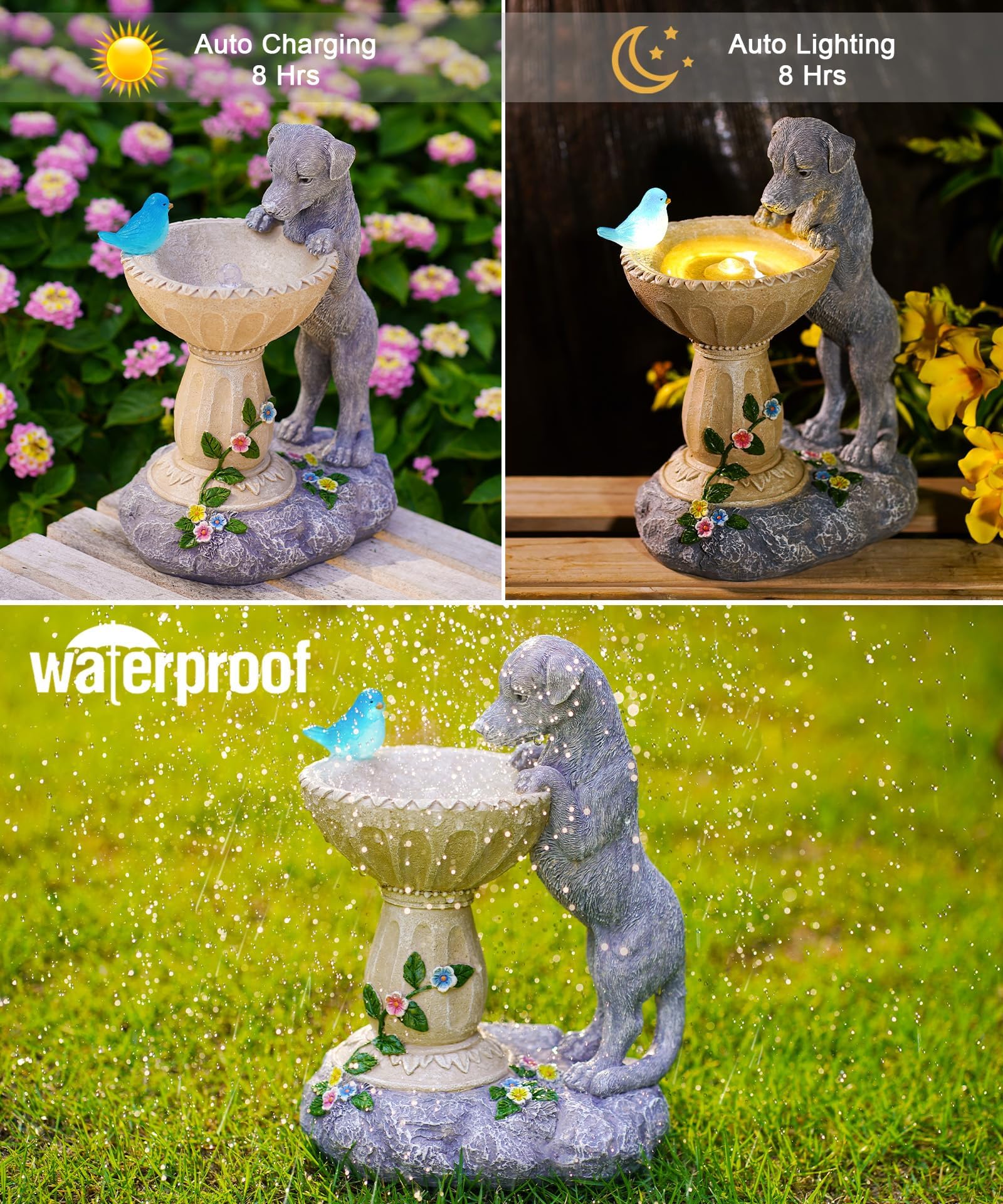 Solar Hund Figuren mit Solar Vogelleuchten Deko für Außen：Lustige Hunde Gartendeko Hundebesitzer Geschenk für Frauen Mama - Wasserdicht Deko für Garten Balkon Terrasse