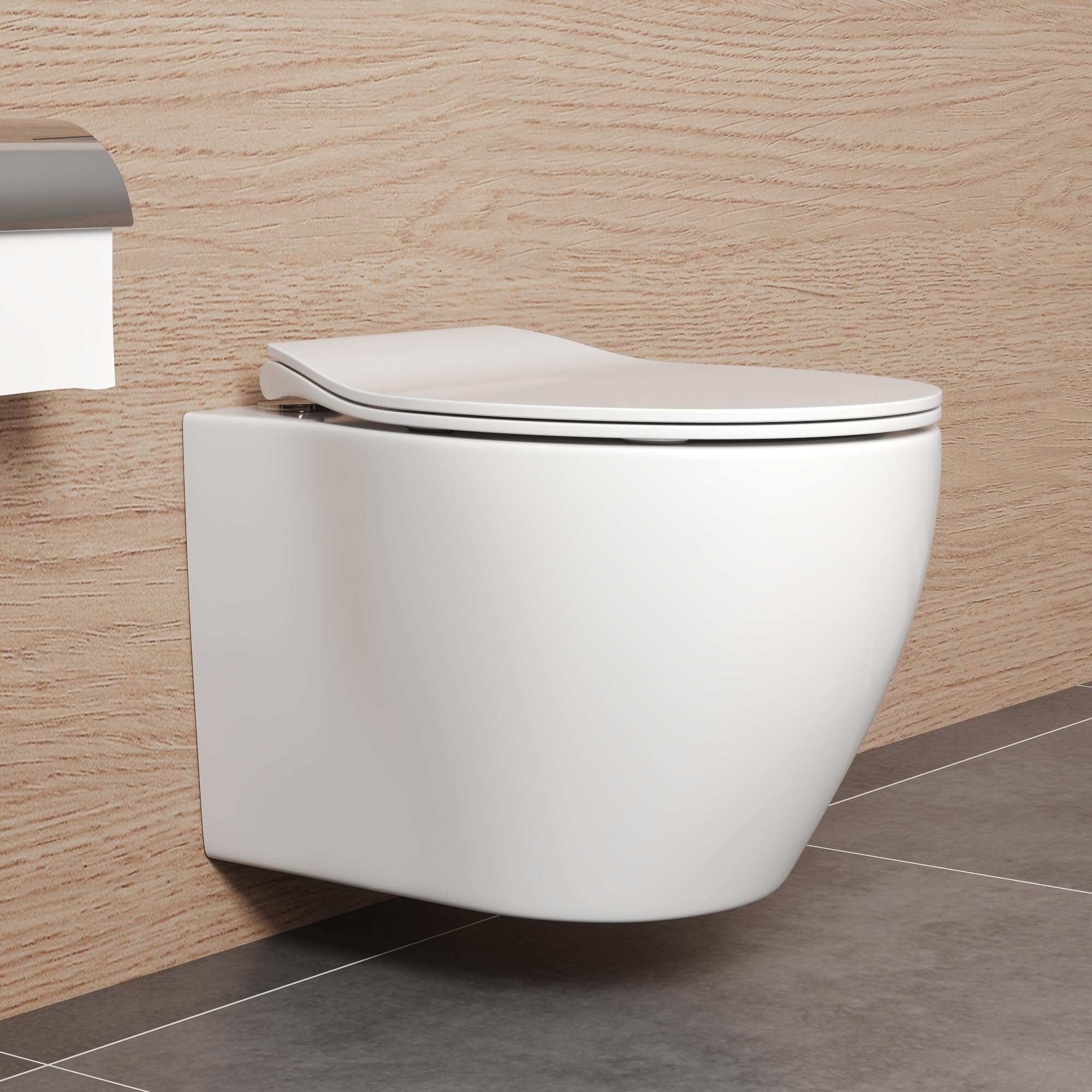 Wall Hung Rimless Toilet, DeerValley 1.6 GPF/1.1 GPF Dual Flush Limescale-Resistant Water-Saving Toilet Bowl with Soft Closed Seat for Bathroom