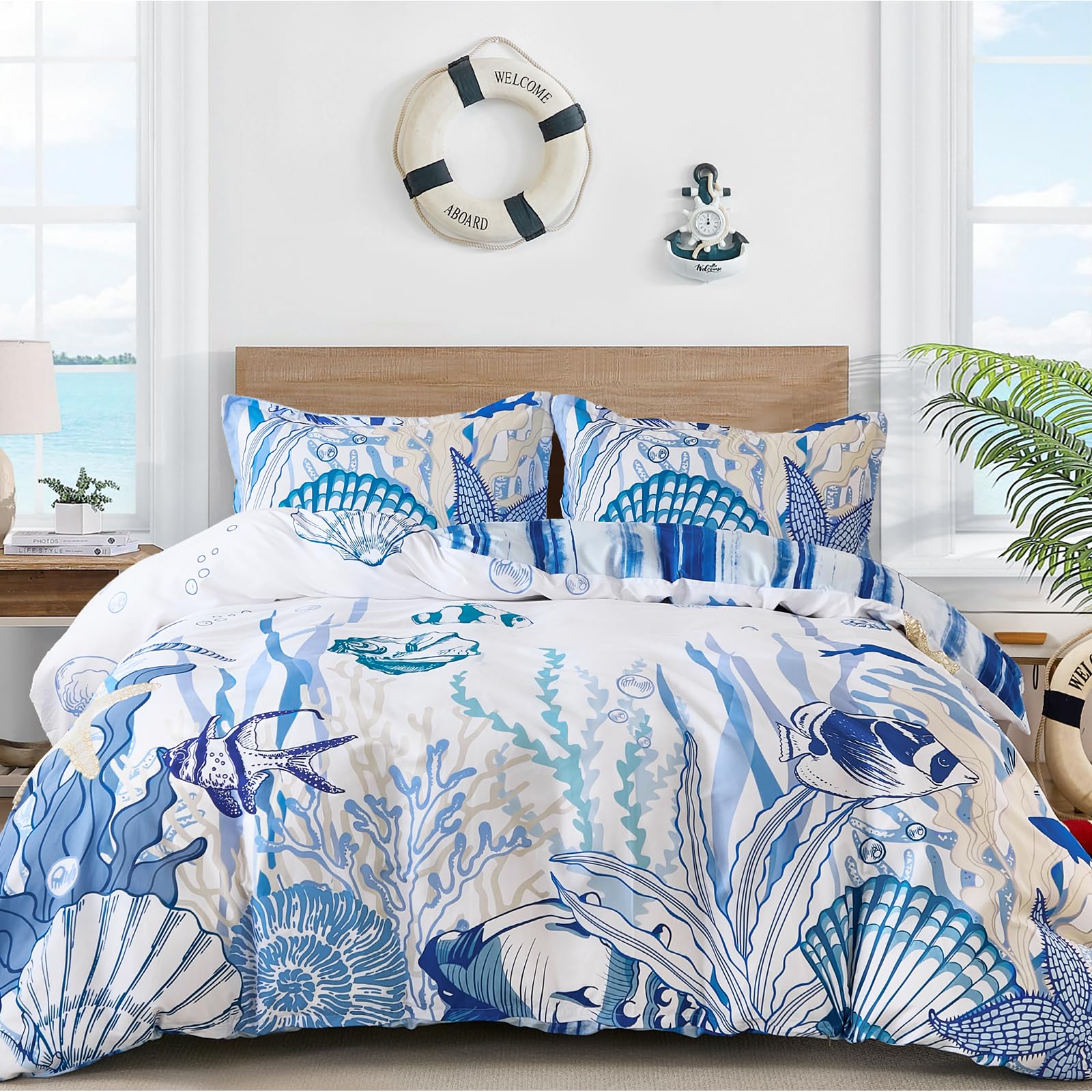 DJY Ocean King Size Duvet Cover Set – 3-Piece Microfiber Bedding Set, Wrinkle-Resistant & Lightweight Design with Hidden Zipper (Blue, 220x230cm)