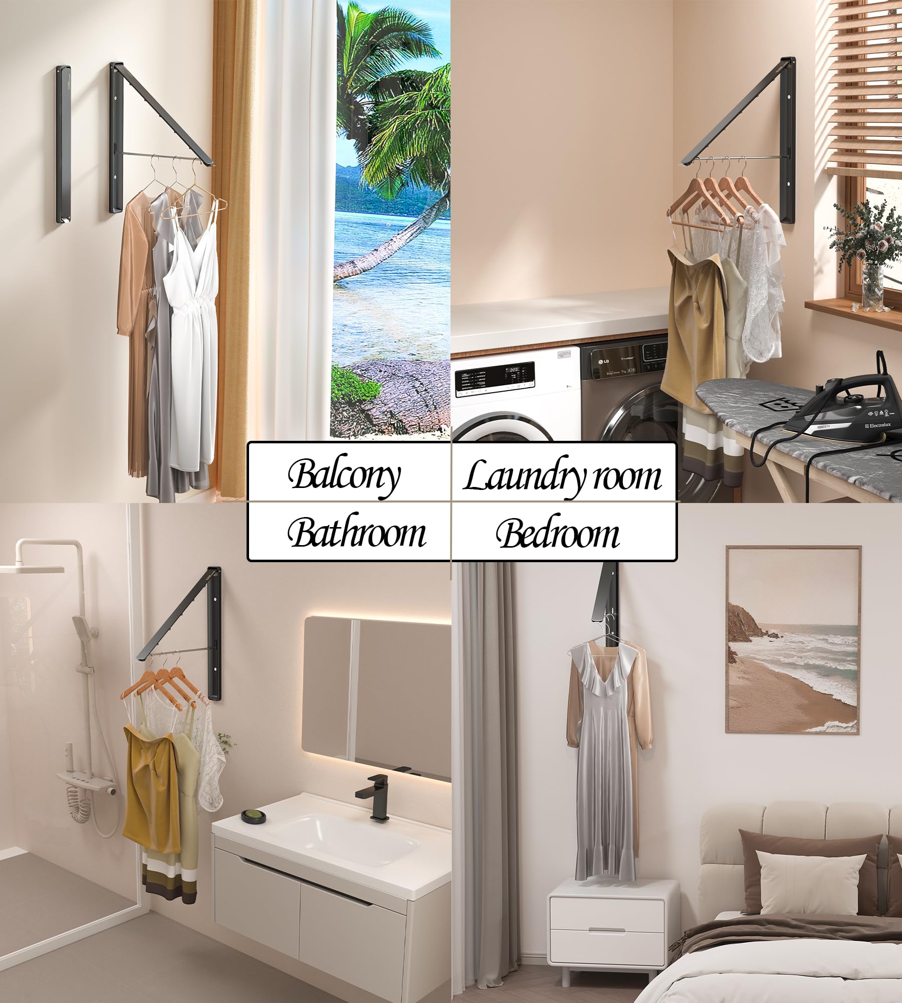 Dr.DJ Clothes Drying Rack Wall Mounted, Retractable & Foldable Clothes Hanger for Laundry Room Organization and Storage, Clothes Hanger Rack for Dorm, Closet, Balcony, Laundry Room(1P, Metal, Black)