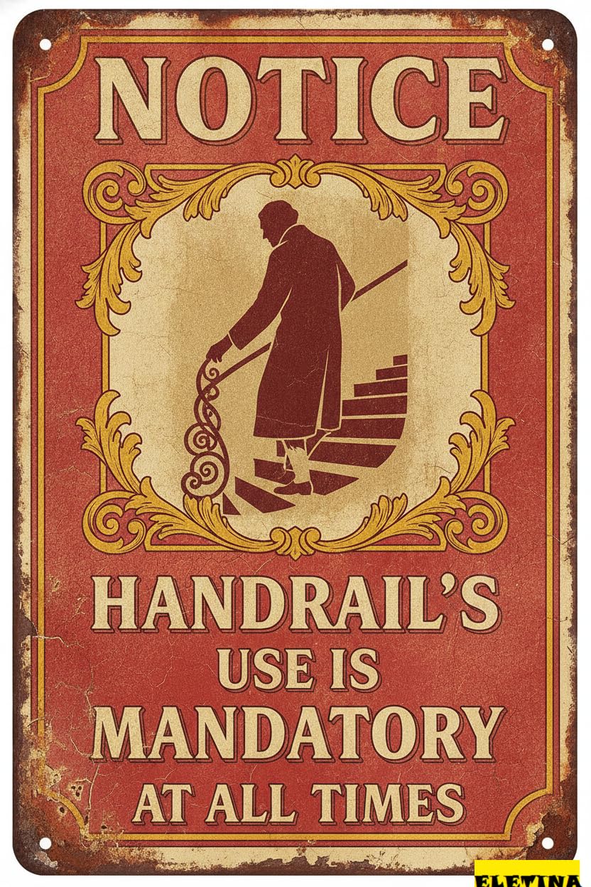Handrail Use Mandatory Warning Tin Sign, 8x12 Inch Decor