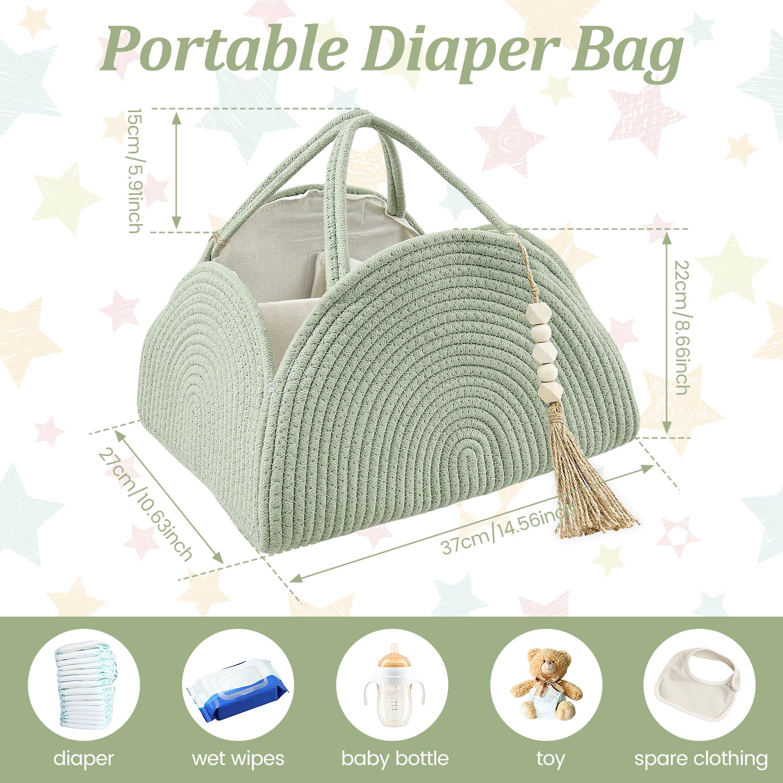 GUIJZSLTRG Baby Nappy Caddy Organiser Arc Design Cotton Rope Woven Diaper Caddy Basket Large Capacity Nursery Storage Basket with Handle Portable Car Diaper Bag - Image 2