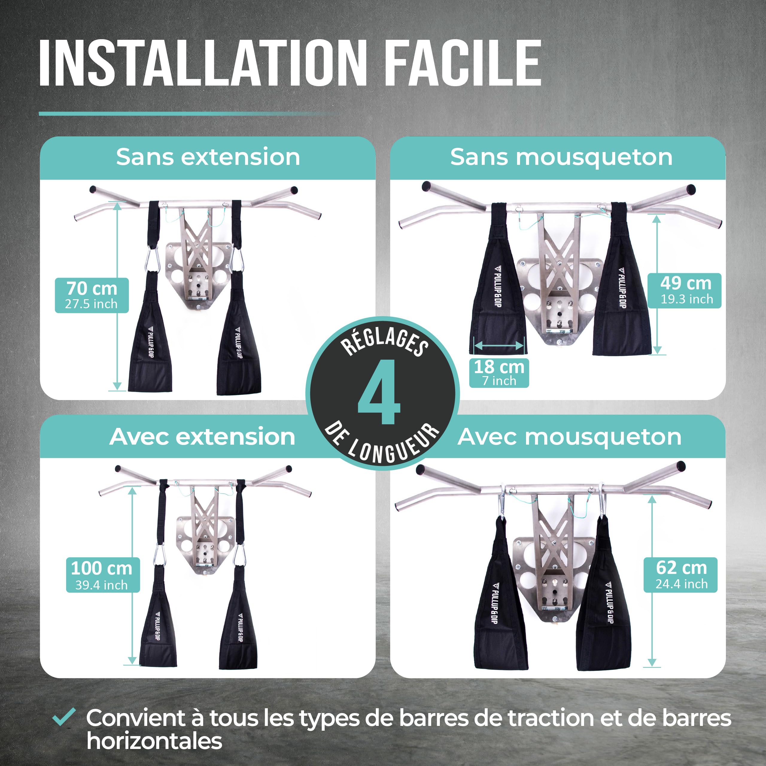 PULLUP & DIP Sangles Abdominales Pour Barre De Traction – Rembourrées, Réglables En 4 Longueurs, Charge 200kg, Sac De Rangement Inclus
