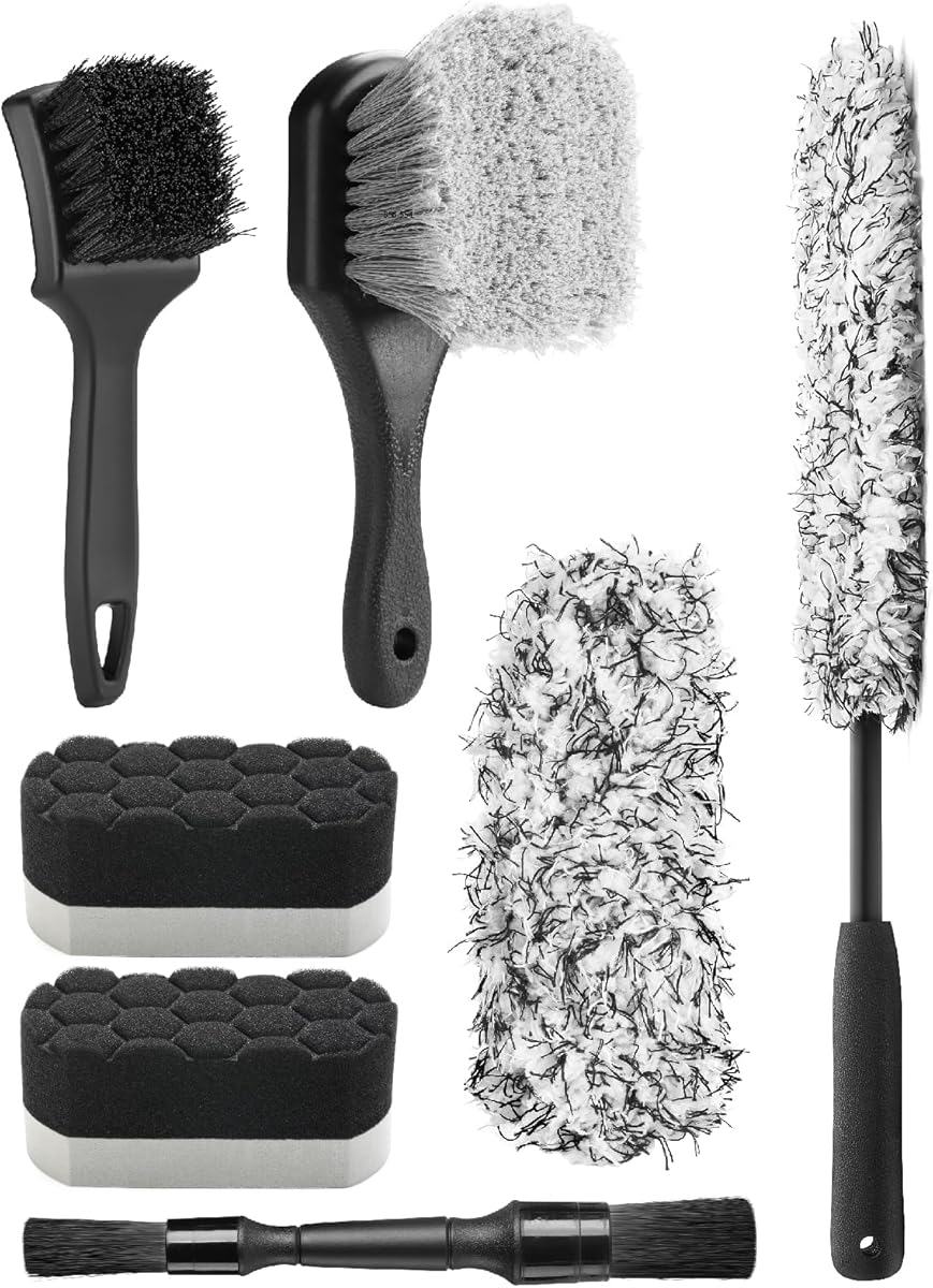 Fantasticlean 7PCS Car Wheel Cleaning Pro Kit, Tire Brush, Soft-bristled Rim Brush, Microfiber Flat Wheel Brush, Double-Ended Detailing Brush, Detailing Pads, Scratch-Free & Multipurpose : Automotive