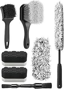 Fantasticlean 7PCS Car Wheel Cleaning Pro Kit, Tire Brush, Soft-bristled Rims Brush, Microfiber Bendable Brush, Double-Ended Detailing Brush, and Detailing Pads, Scratch-Free & Multipurpose