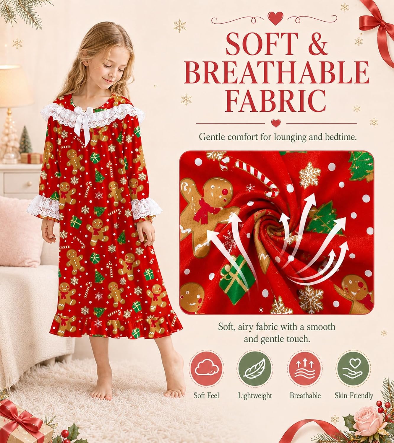 UNIFACO Girls Nightgowns Lace Long Sleeve Princess Pajamas Dress, 4-12Y