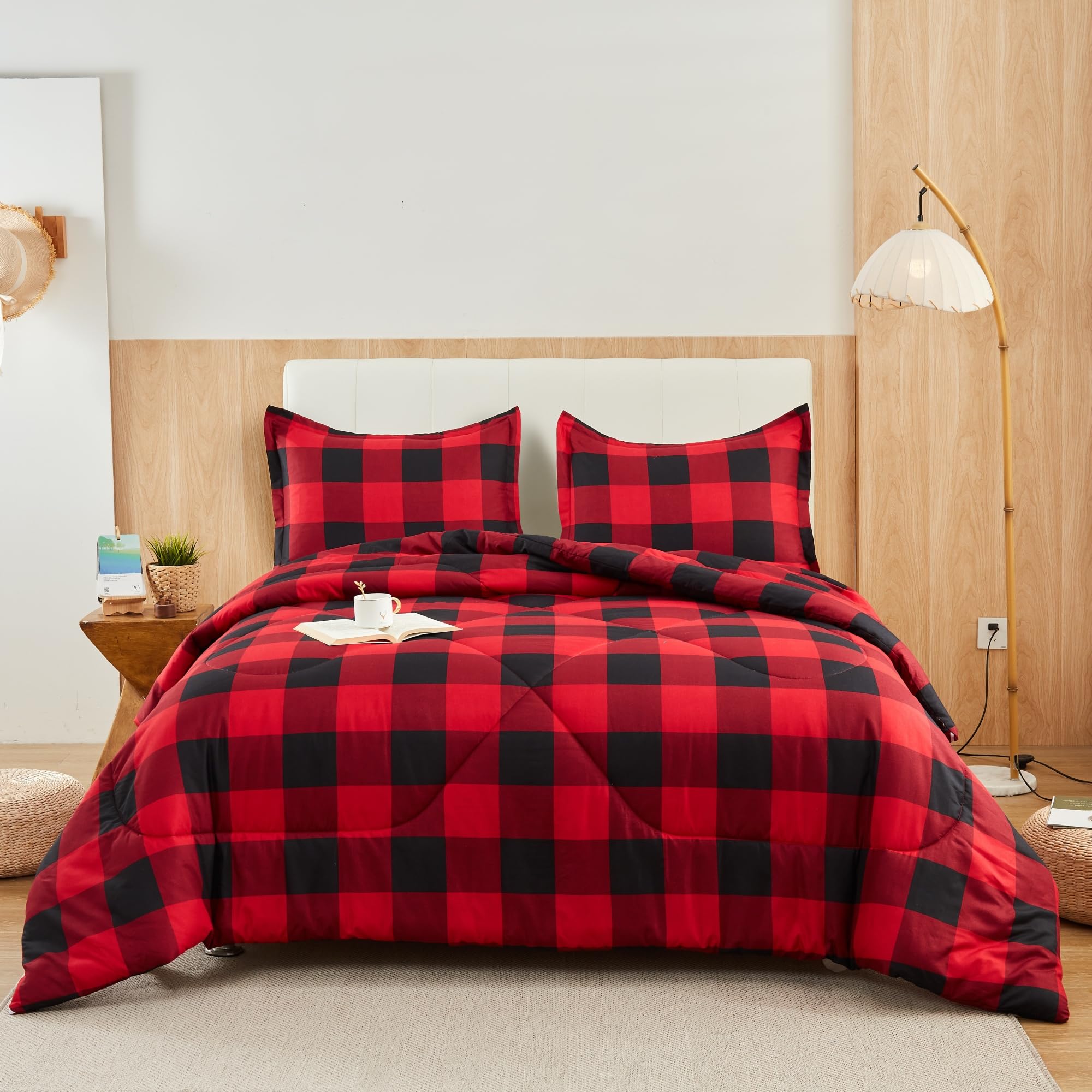 Anrenoti Red Black Plaid Comforter Set, 3 Pieces Fluffy Buffalo Plaid Down Alternative Comforter Full (79"x90"), Lightweight Microfiber Geometric