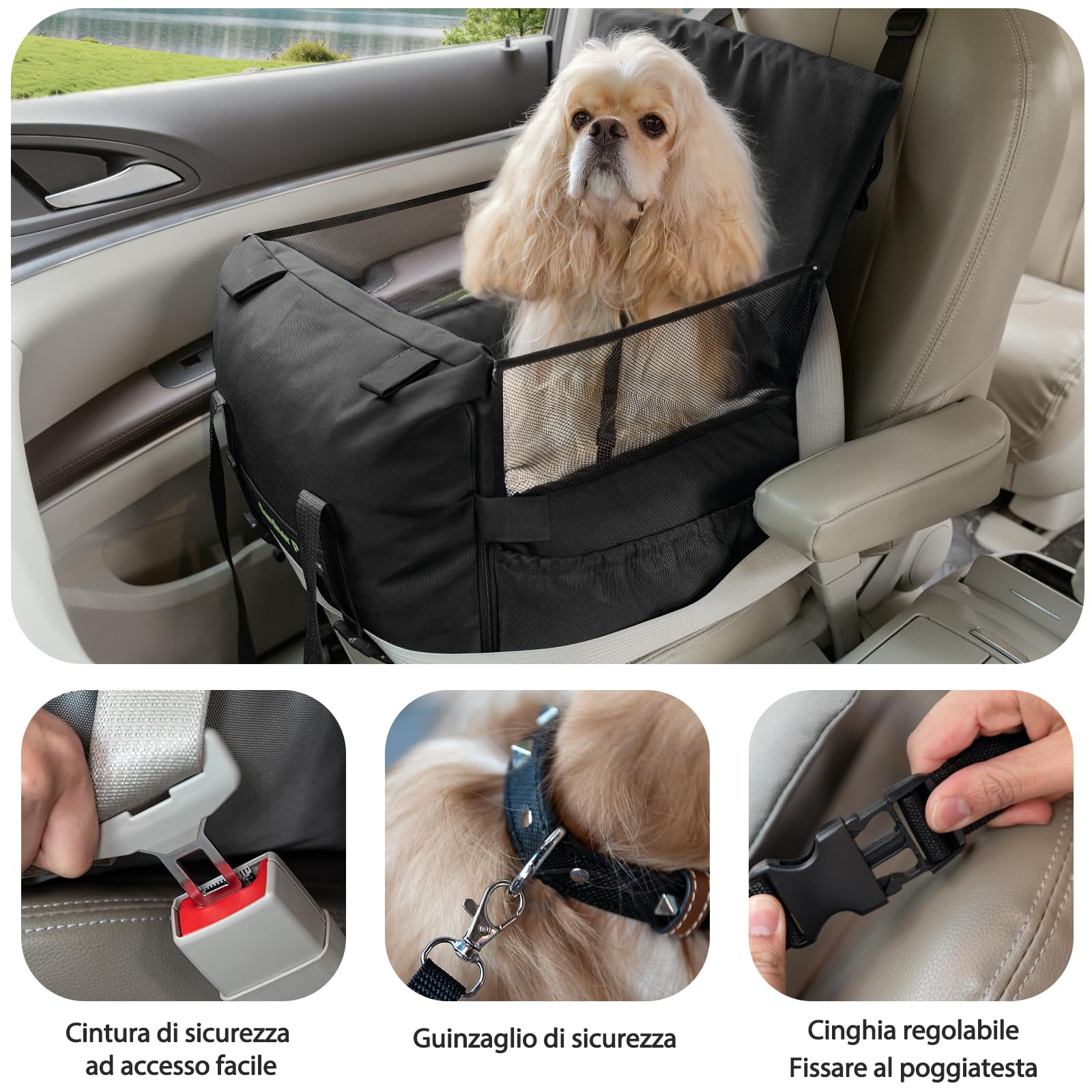 Gardner Pet Seggiolino Auto per Cani, Rialzo per Piccoli/Medi Cani, Letto per Auto con Guinzaglio di Sicurezza Staccabile, Tasche Portaoggetti, Imbottitura in Memory Foam Rinforzata, Blu scuro