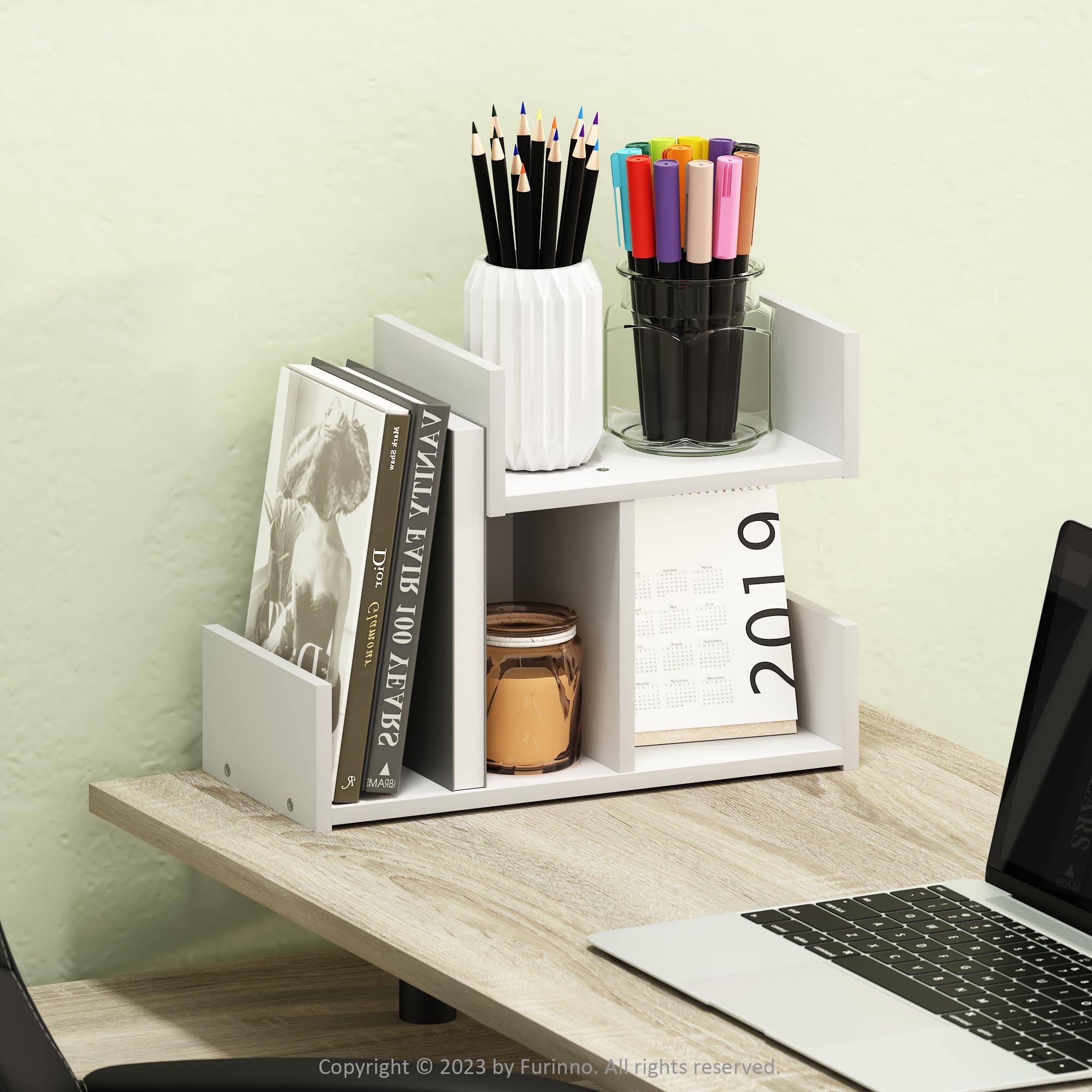 Furinno Hermite Wooden Desktop Bookshelf Storage Organizer for Home and Office Supplies White, 2 compartments - Image 2