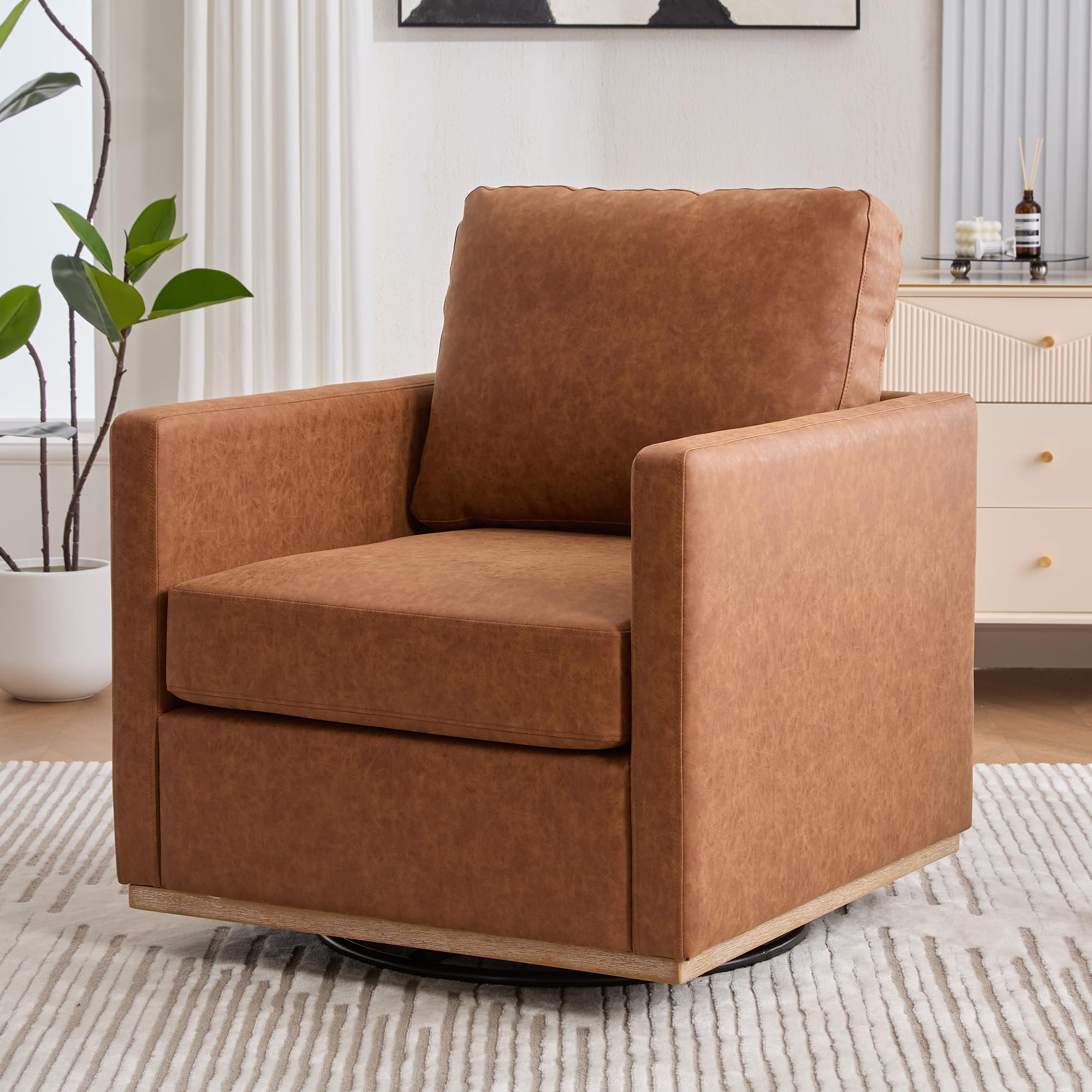 30.7" W Swivel Reading Chair PU Leather Swivel Accent Chair for Living Room Mid Century Modern Chair,Brown