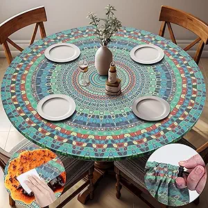 Waterproof Boho Vinyl Round Tablecloth Fitted Table Cloth Summer Fall Outdoor Circle Cover for 45-54" Tables Dining Kitchen Apartment Essentials Picnic Camping Party Decor Housewarming Gifts
