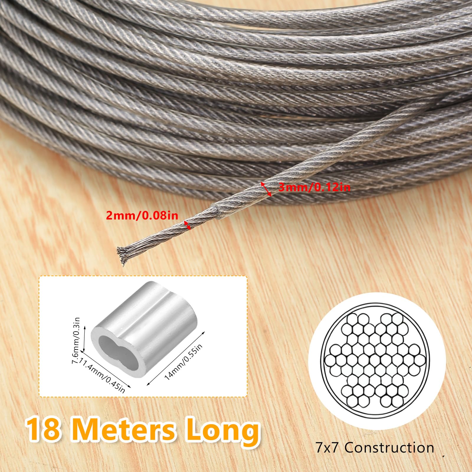 Set Cable Acero Inoxidable 7x7 20m x 3mm Cubierto PVC, Kit con 12 Arandelas Aluminio Doble Ojal 3mm