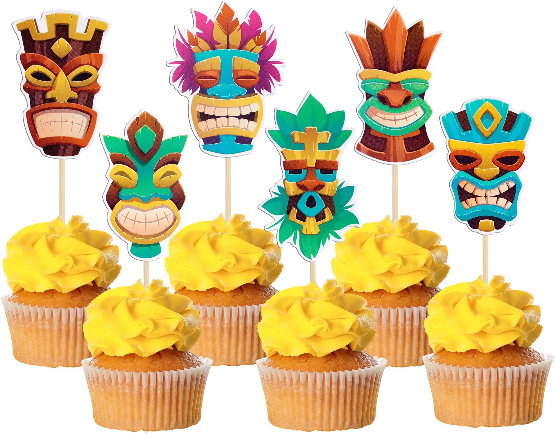 Gyufise 36Pcs Hawaii Tiki Cupcake Toppers Hawaiian Tropical Tiki Totem Hawaiian Themed Party Cake Decorations for Summer Aloha Tropical Birthday Party Supplies