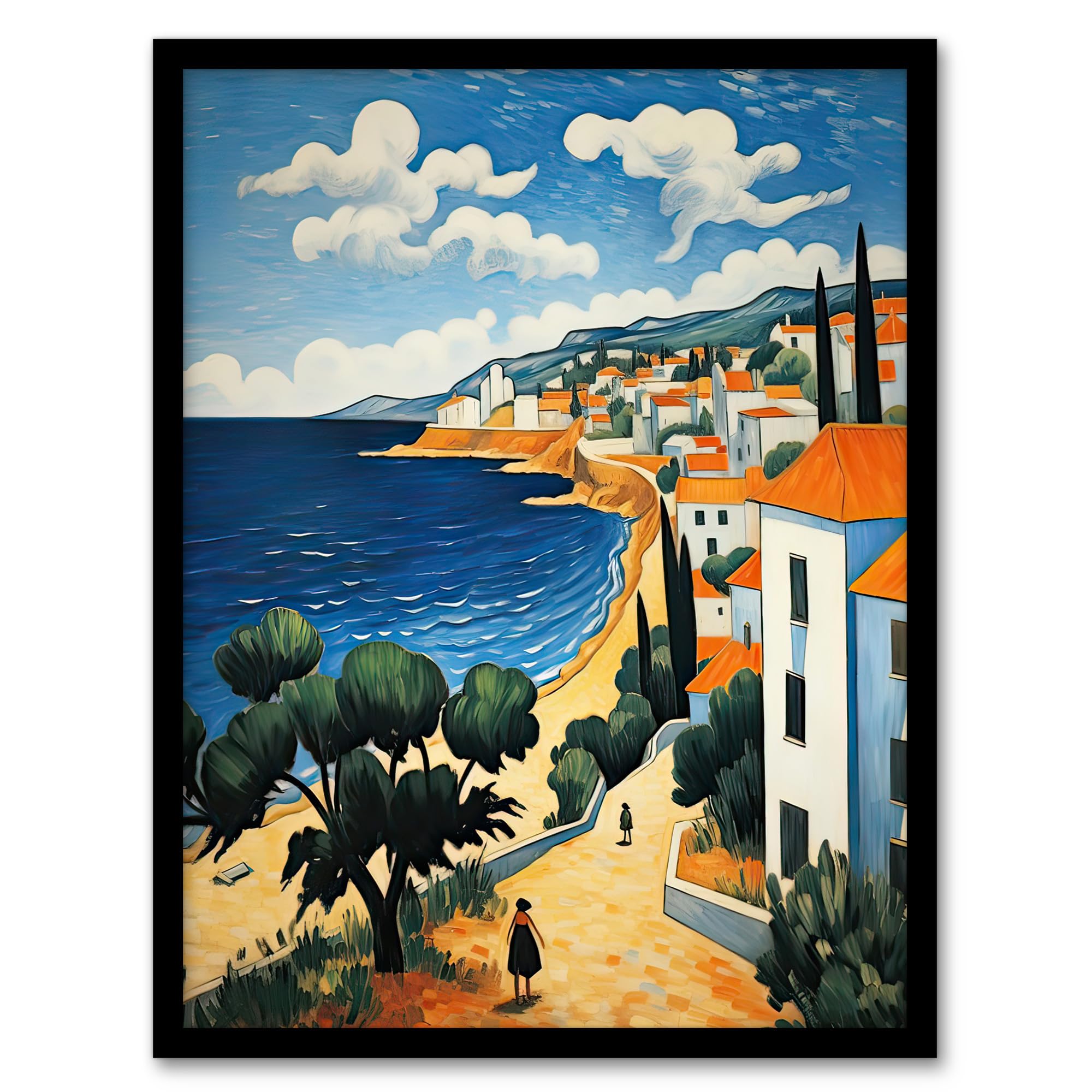 Artery8 Italian Coastal Cityscape at Summer Oil Painting Artwork Framed Wall Art Print A4