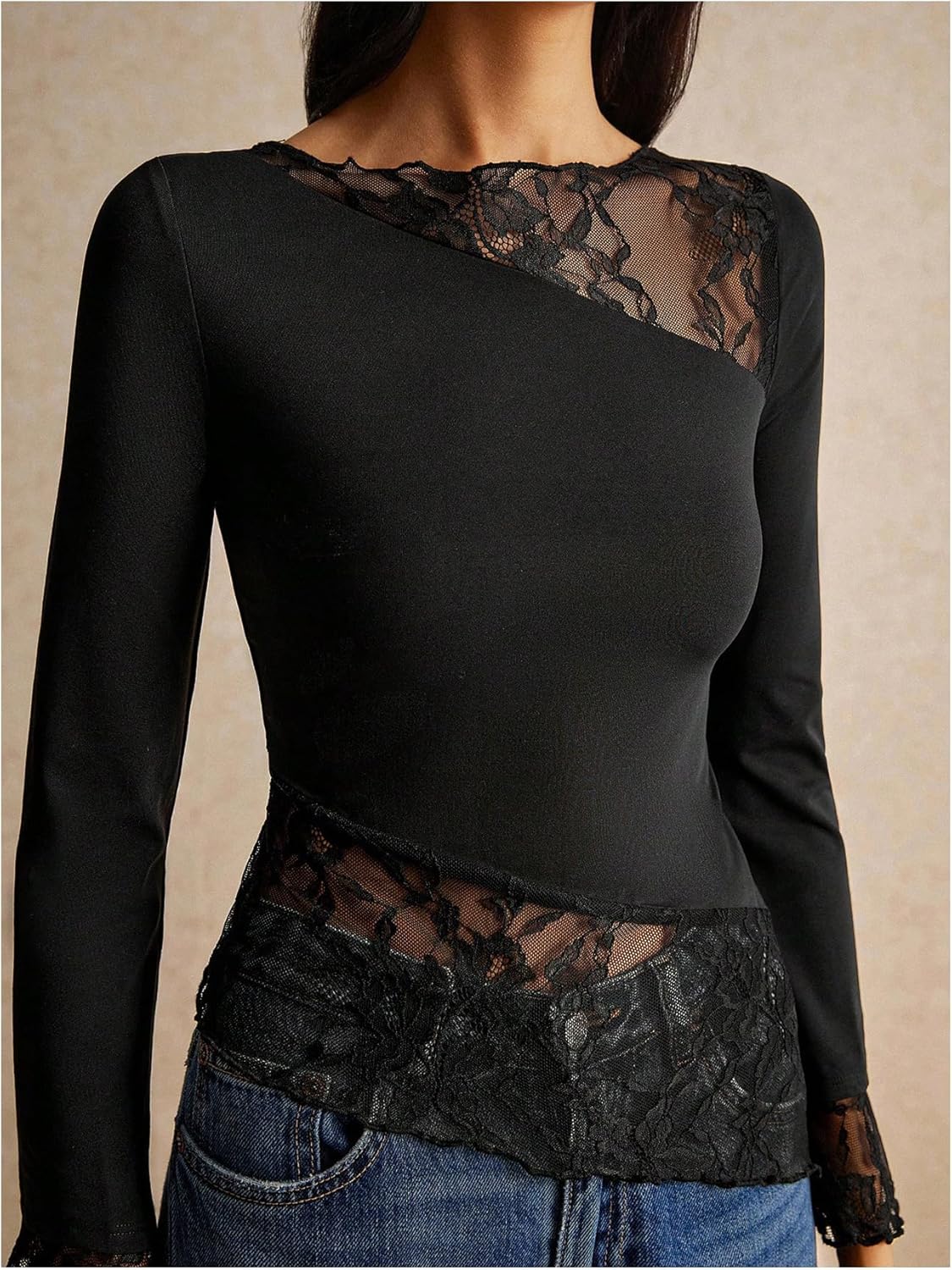 OYOANGLE Women's Long Sleeve Lace Patchwork T Shirt Boat Neck Slim Fit Asymmetrical Hem Tee Tops - Image 4