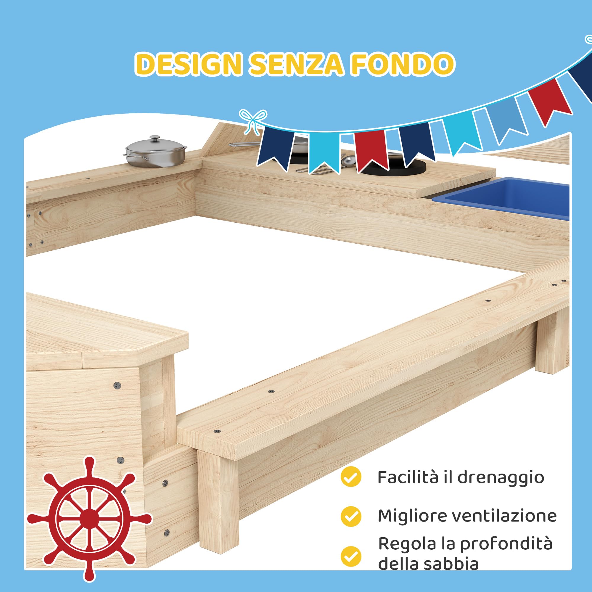 Outsunny Sabbiera per Bambini in Legno di Abete con Tettuccio regolabile e Set da Cucina Giocattolo, Sabbionaia per Bambini con 2 Sedili, 180x103x144.5 cm, Color Legno