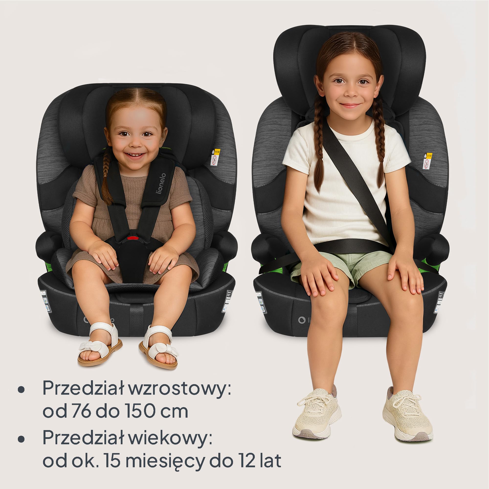 LIONELO Fotelik samochodowy Billy i-Size dla dzieci 76-150 cm (15 miesięcy – 12 lat) montaż na pasku lub na pasku, 10-pozycyjny zagłówek, ochrona boczna, górny pasek mocujący, 5-punktowa uprząż z