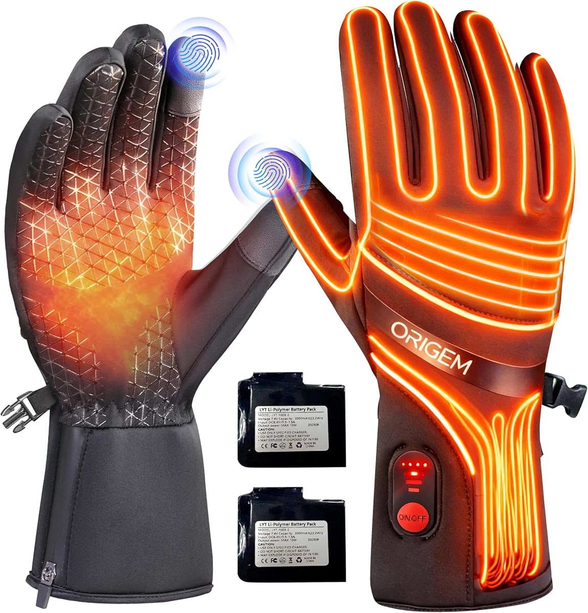 Origem Heated Gloves for Men Women, Thermal Waterproof, Rechargeable with 7.4V 6000mAh Battery, Touchscreen, Anti-Slip, Reflective Lightweight Inner for Skiing, Cycling, Running : Amazon.co.uk