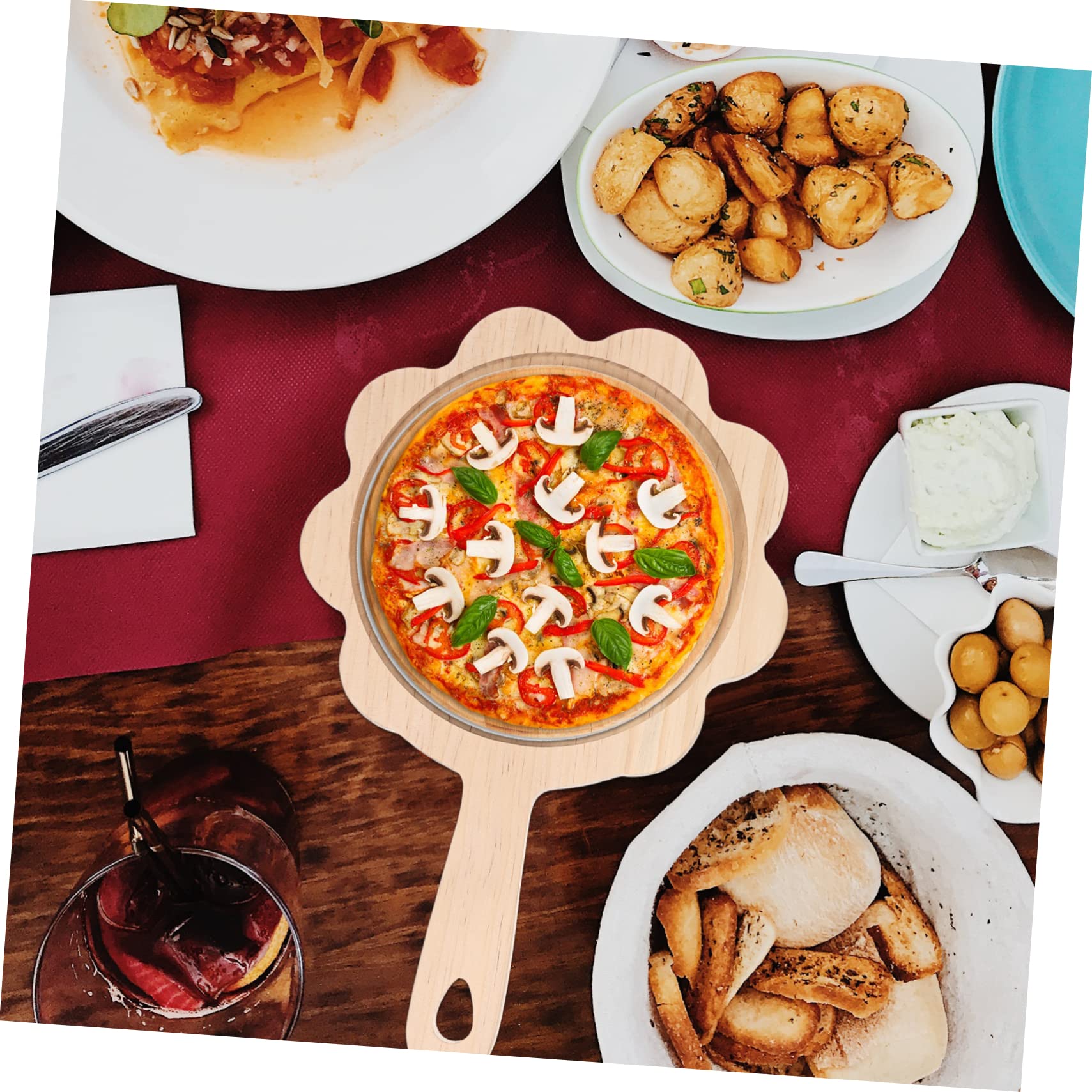 Cabilock Wooden Food Tray Handle Restaurant Steak Tray Portable Pizza Board Pizza Peel Kitchen Tool