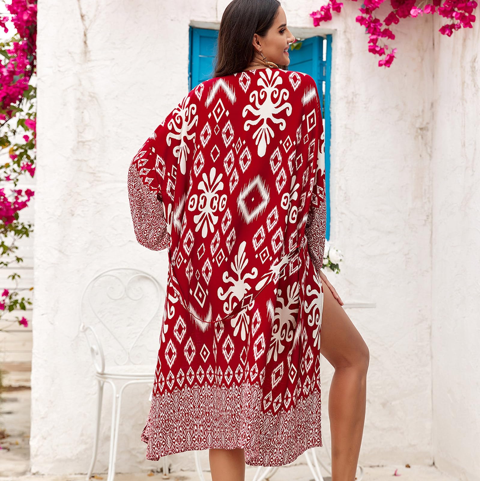Traje de baño tipo kimono de manga larga para mujer, estampado geométrico, frente abierto, holgado, chal, vestido de playa con cinturón