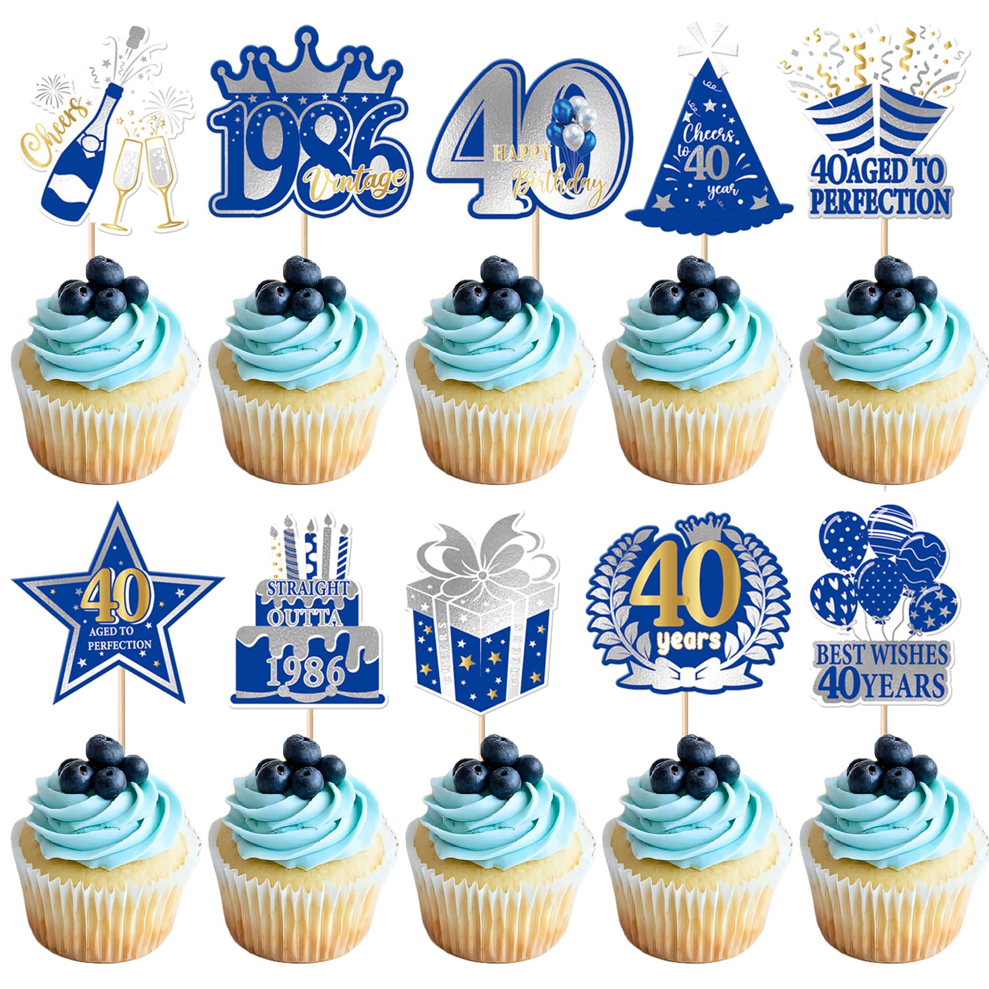 Xsstarmi 40 Pack 40th Birtday Cupcake Toppers Best Wishes 40 Years Aged to Perfection Straight Outta 1986 Cupcake Picks for Cheers to 40 Birthday Party Cake Decorations Supplies