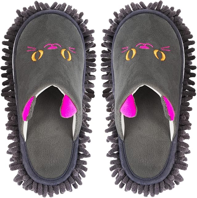 Whchiy Warm Microfiber Slippers Floor Dust Dirt Hair Mop Slippers Shoes Anti-slip Moccasin Bedroom Home (Cat)