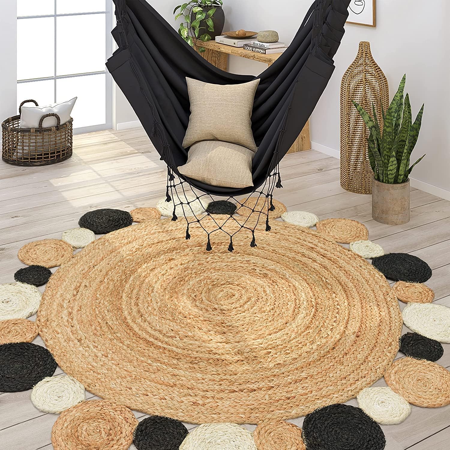 Alfombra india hecha a mano trenzada de yute tejida a mano, decoración bohemia del hogar, sala de estar y cocina, decoración del suelo, alfombra ecológica de granja (11 pies, redonda,
