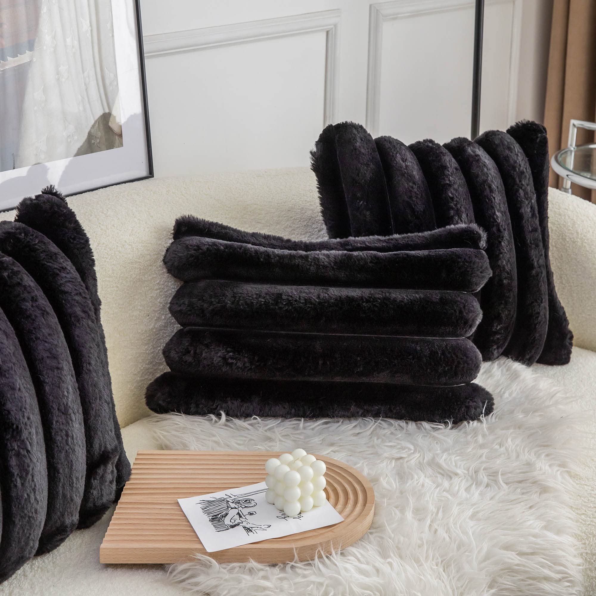 Neelvin Black Faux Fur Cozy Soft Striped Decorative Throw Pillow Covers 16x16 inch(40x40cm) Set of 2,Velvet Pillowcase Cushion Case for Sofa Couch - Image 3