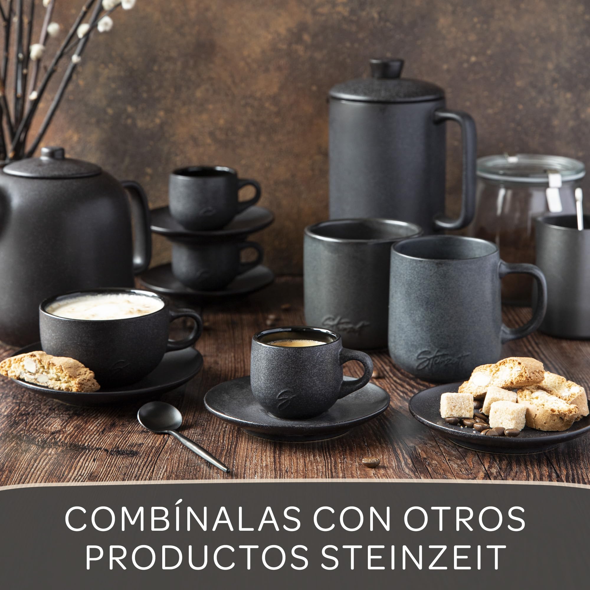 Steinzeit Tazas de espresso diseño (6x80 ml) - Juego de tazas de cafe con platillos a juego - Expresso machiato taza 100% hechas a mano - Tazas de moka apilables en color negro