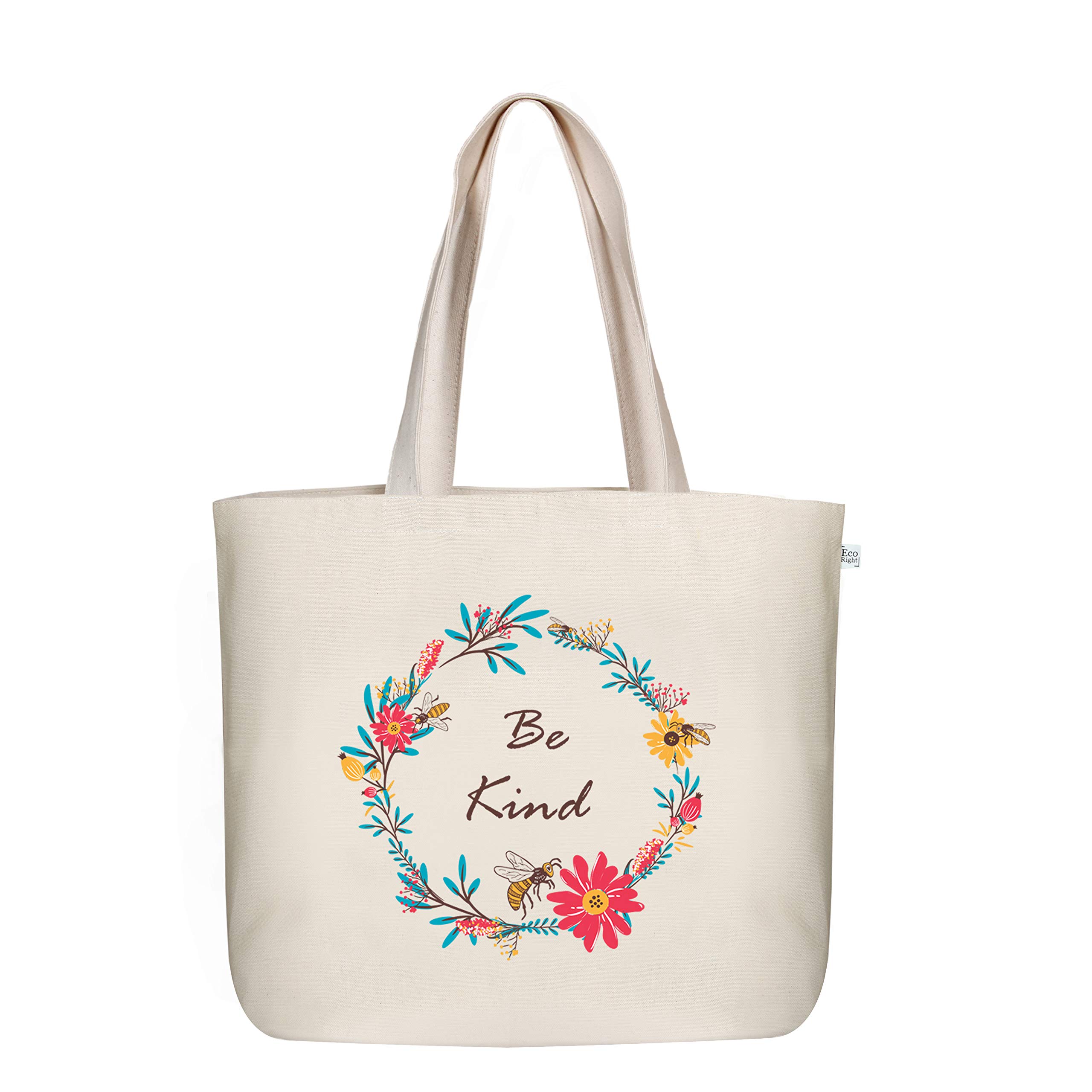Eco Right Aesthetic Canvas Tote Bag for Women - Large, Reusable, Zippered Tote Bag with Inner Pocket, Perfect for School, Shopping, Work, Beach, Cute & Eco-Friendly Gift for Girls, Teachers, Mothers