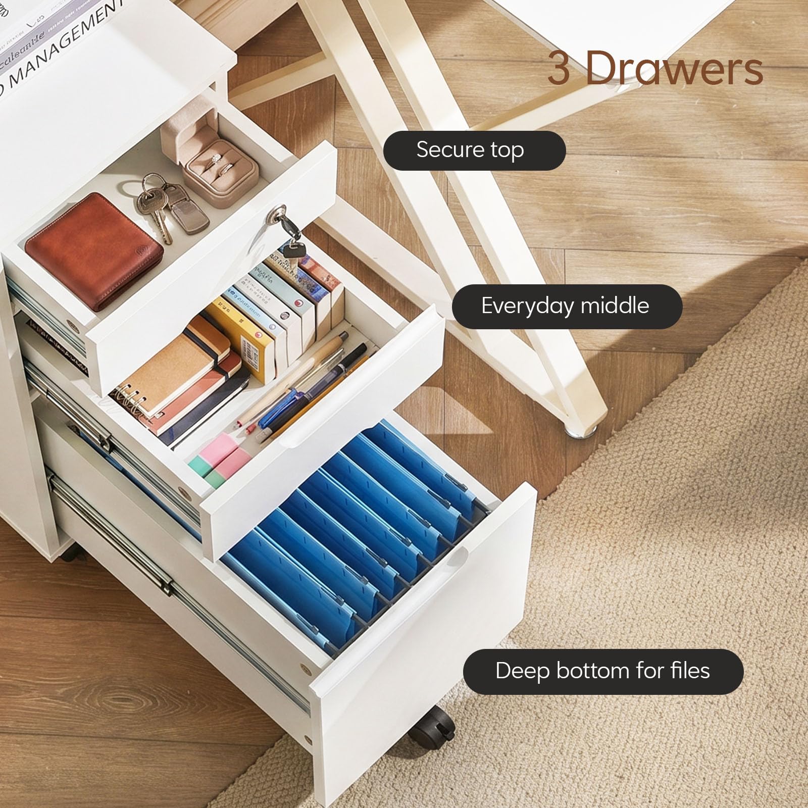 TUKAILAi 3 Drawer Lockable Filing Cabinet on Wheels for Hanging A4 Files, C-white, 45x30x60cm - Image 3